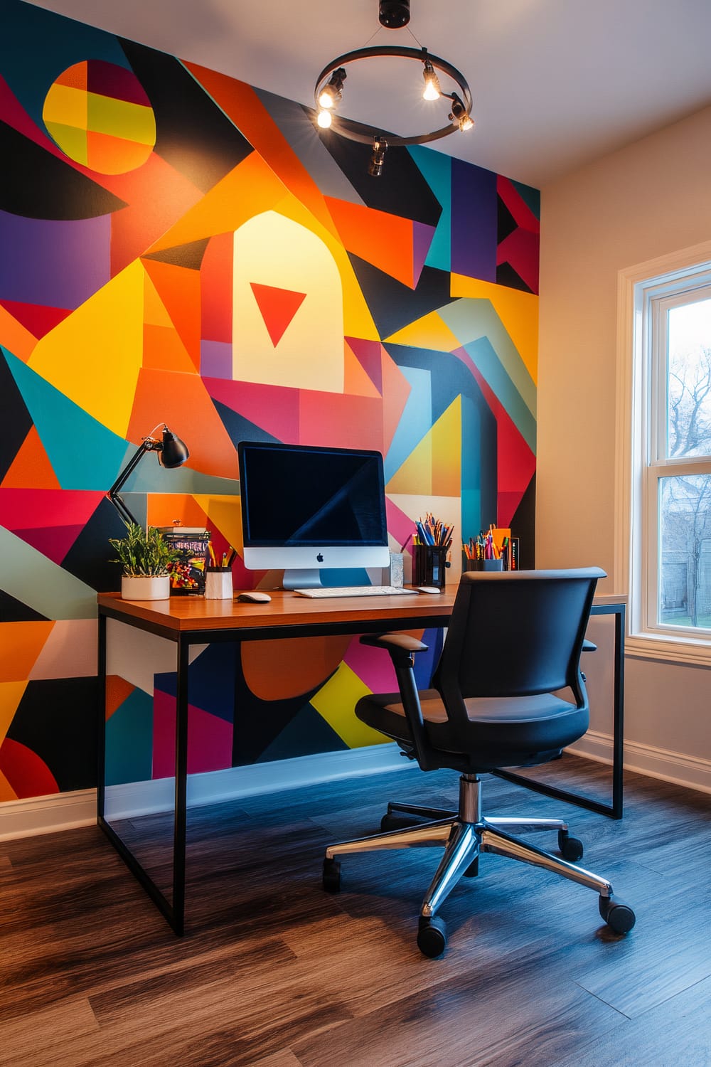 A modern home office setup features a sleek desk with a computer, a potted plant, and various stationery items. The standout element is a vibrant, geometric mural on the wall behind the desk, composed of bold, intersecting shapes in bright primary and secondary colors. A circular, black ceiling light fixture with three adjustable spotlights illuminates the area, while a window to the right lets in natural light. The floor is covered in dark wood laminate.