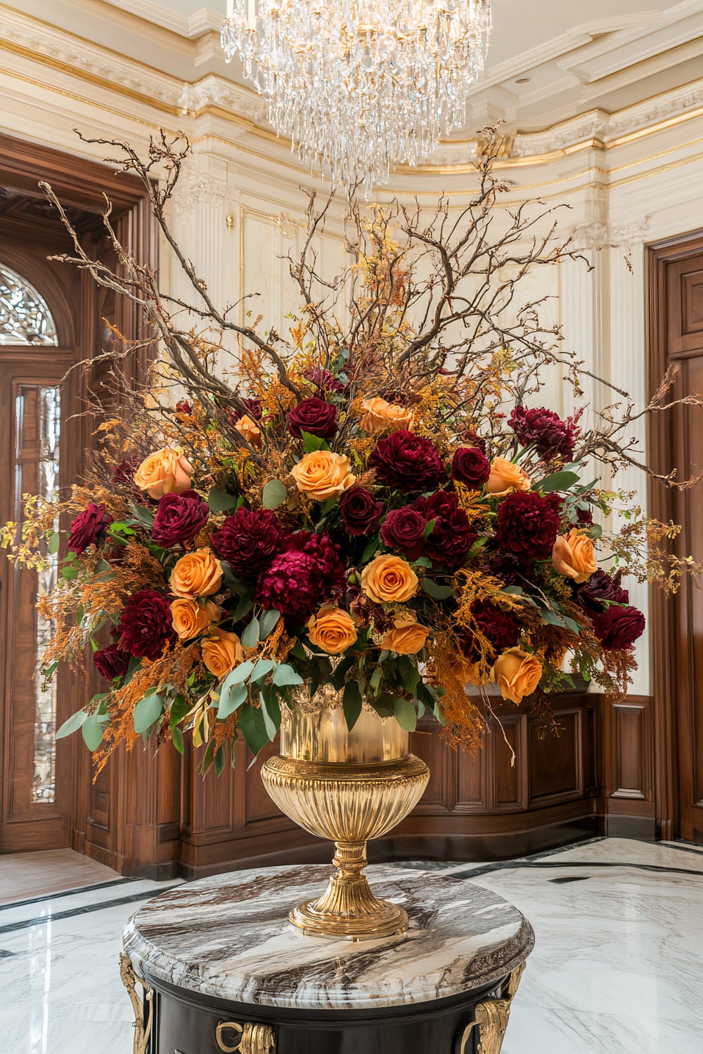 A luxurious floral arrangement featuring dark red and golden yellow roses, mixed with dried branches and greenery, is elegantly displayed in a golden vase. The vase stands on a round marble-topped table, set in an opulent room with high, intricately decorated ceilings and a shimmering crystal chandelier above.