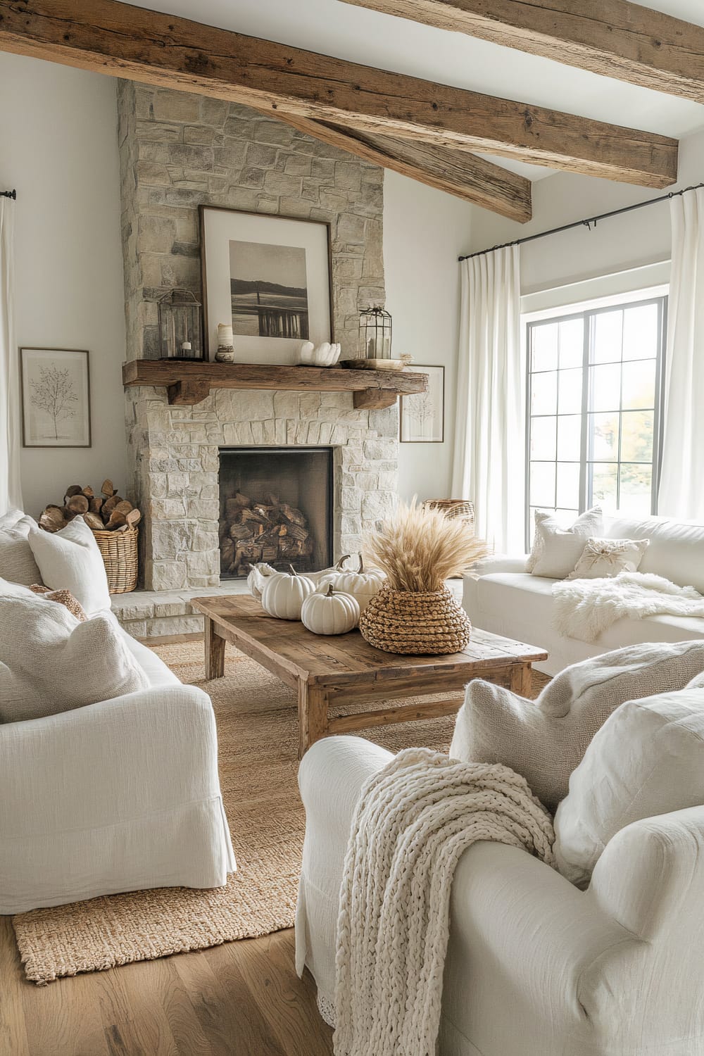 A sophisticated living room features a prominent stone fireplace at its center. The fireplace is adorned with a rustic wooden mantel that holds framed artwork, decorative lanterns, and small sculptures. The seating area includes cushy white sofas and armchairs with beige pillows and featuring a textured, knitted throw. In front of the seating arrangement stands a wooden coffee table adorned with white pumpkins and a woven basket filled with dried wheat. The room embraces a natural, earthy ambiance with large wooden ceiling beams, light-toned walls, and a large window draped with white curtains, casting soft natural light into the space.