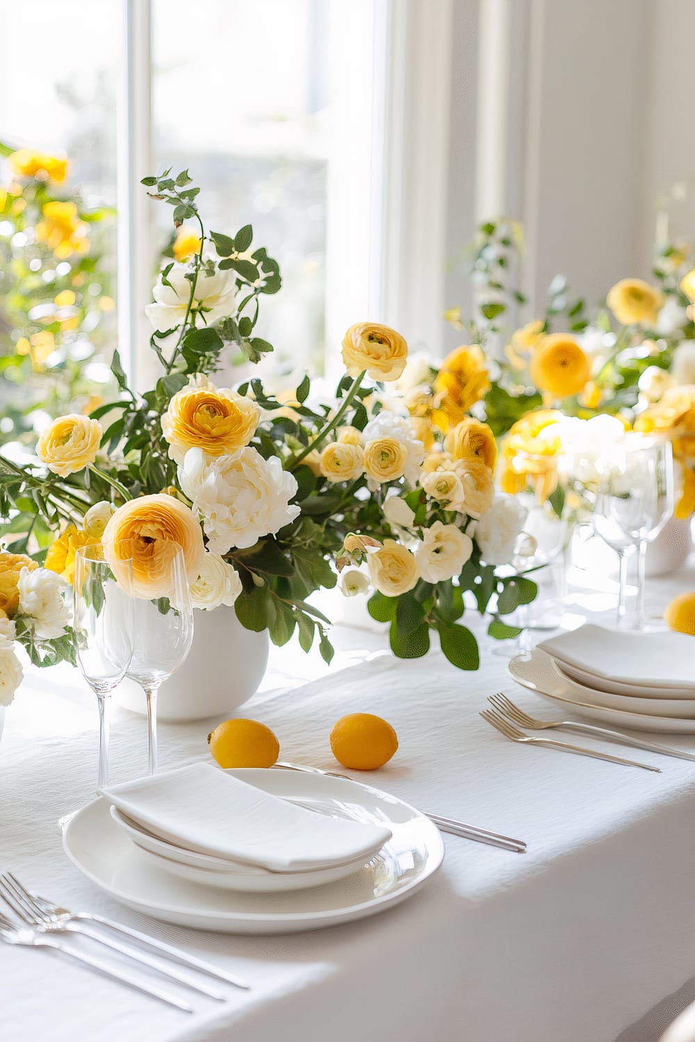 A Scandinavian-style Thanksgiving table setting with white linens, crisp white porcelain plates, simple silver flatware, and white napkins. The table is adorned with minimalist floral arrangements featuring bright yellow and white flowers in white vases. Two lemons are placed on the table. The setting is brightened by natural light from the nearby window.