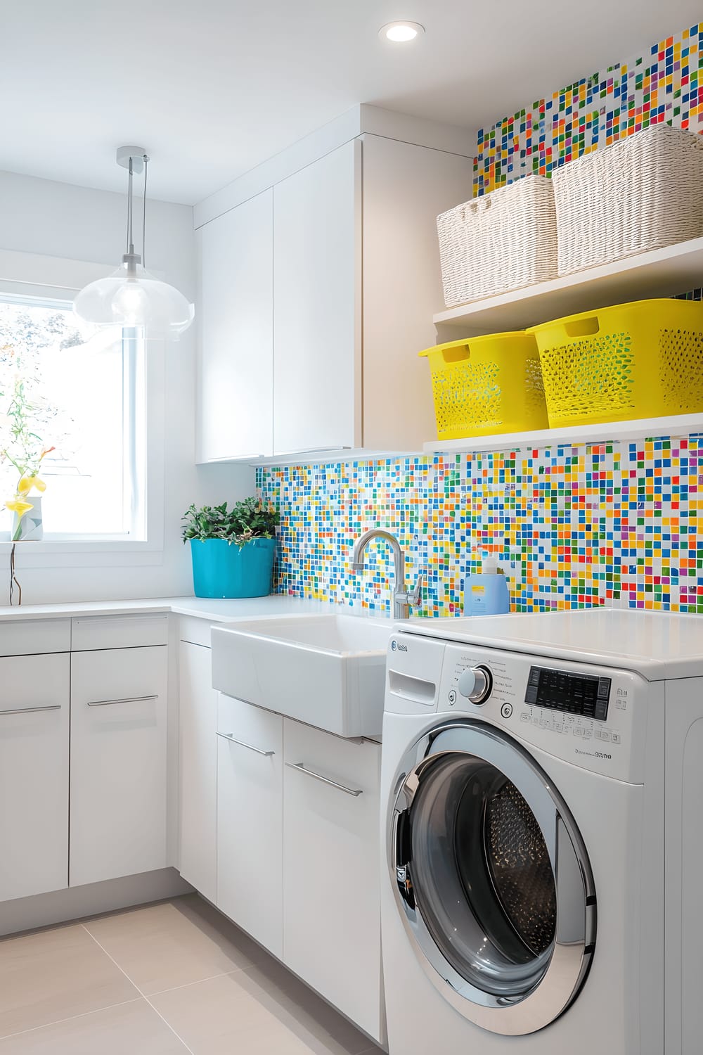 A brightly lit, chic laundry room in a Milanese home featuring pristine white cabinetry, stainless steel appliances, and a vibrant mosaic tiled backsplash in shades of blue, yellow, and green. Displayed on open shelves are brightly colored linens and fashionable laundry baskets. The room also includes a sleek white utility sink with chrome fixtures, a rod with drying baskets, and a frosted window. The natural light of the window is augmented by clear-glass-shaded pendant lights, highlighting the neat and organized space.