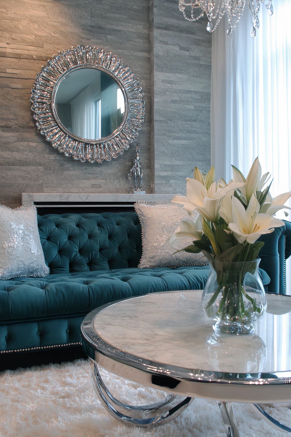 A living room featuring a rich teal tufted velvet sofa with silver-accented white lace throw pillows. A round marble coffee table with polished chrome legs sits on a soft cream rug. The background showcases a large silver-framed mirror above a modern stone fireplace, and sheer white curtains against light teal walls. A vase with fresh white lilies is placed on the coffee table.