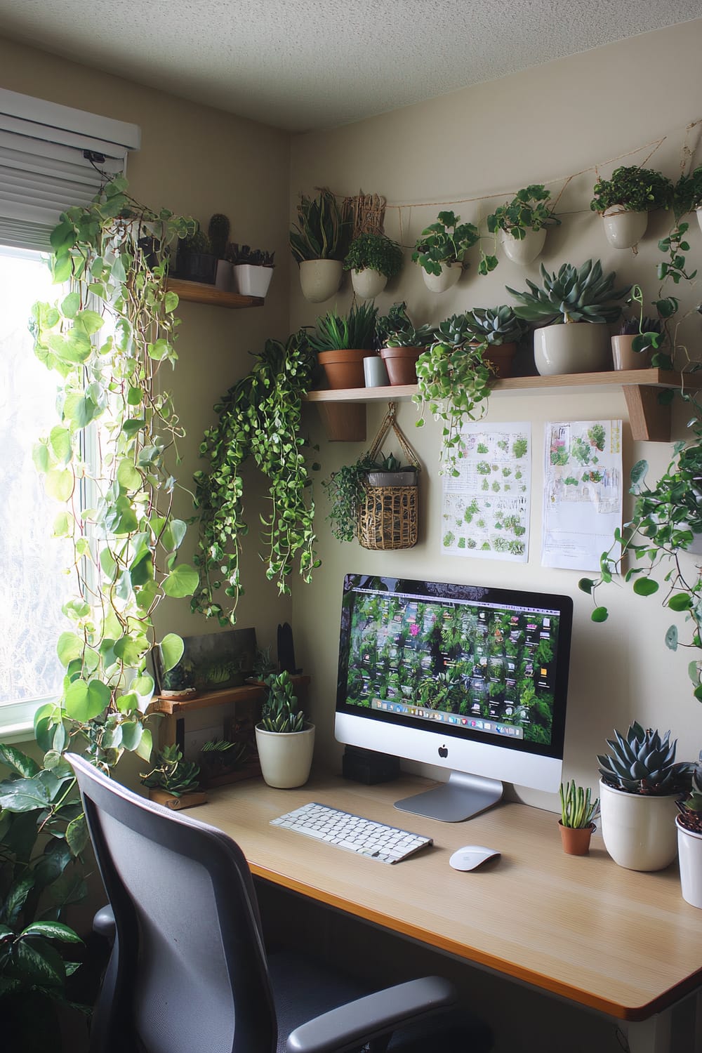 Image of a home office setup with a wooden desk and computer screen. The space is filled with various potted plants, succulents, and hanging greenery. Shelves on the wall hold more plants, and sunlight streams through a window on the left side, enhancing the natural ambiance. A black office chair is positioned at the desk.