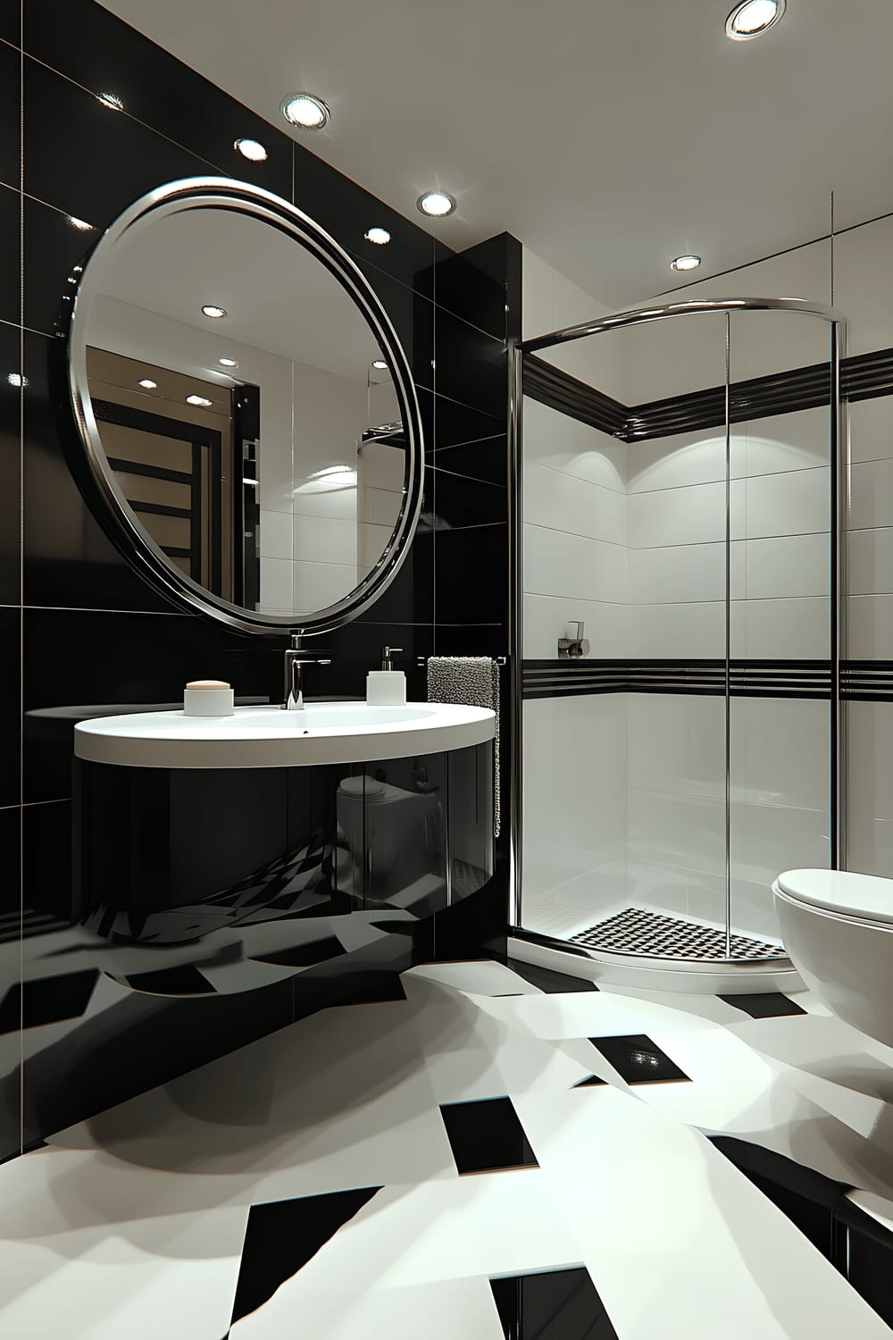 An elegant monochrome bathroom featuring sleek black and white tiles on the floor and walls. In this room located a modern floating vanity with minimalist fixtures and a transparent, glass shower enclosure. Above the vanity is a large circular mirror with a thin black frame reflecting bright, focused lighting that enhances the clean, sophisticated design. Minimalist accessories are skillfully incorporated into the scene, and geometric patterns are visible on the flooring and walls, adding depth without clutter.