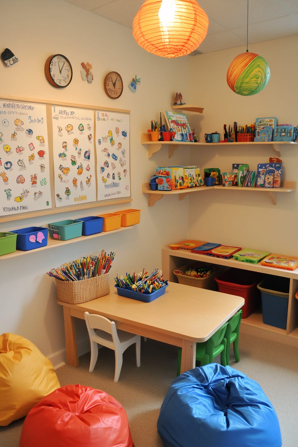 A well-organized playroom with wall-mounted boards for drawing, open shelves displaying educational toys, and a small table with sensory bins. There are colorful bean bags on the floor and colorful bins and posters on the walls for interactive learning.