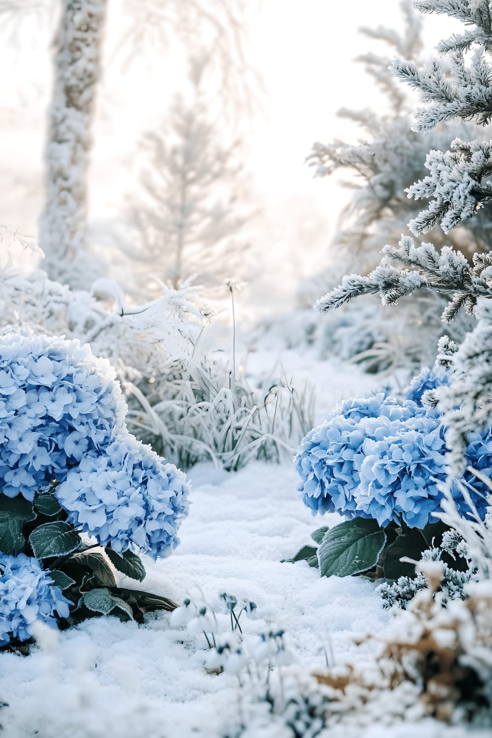 A winter garden covered in frost with icy blue hydrangeas, blooming white snowdrops, and fir trees dusted with silver frost, all set against a soft white, snowy landscape.