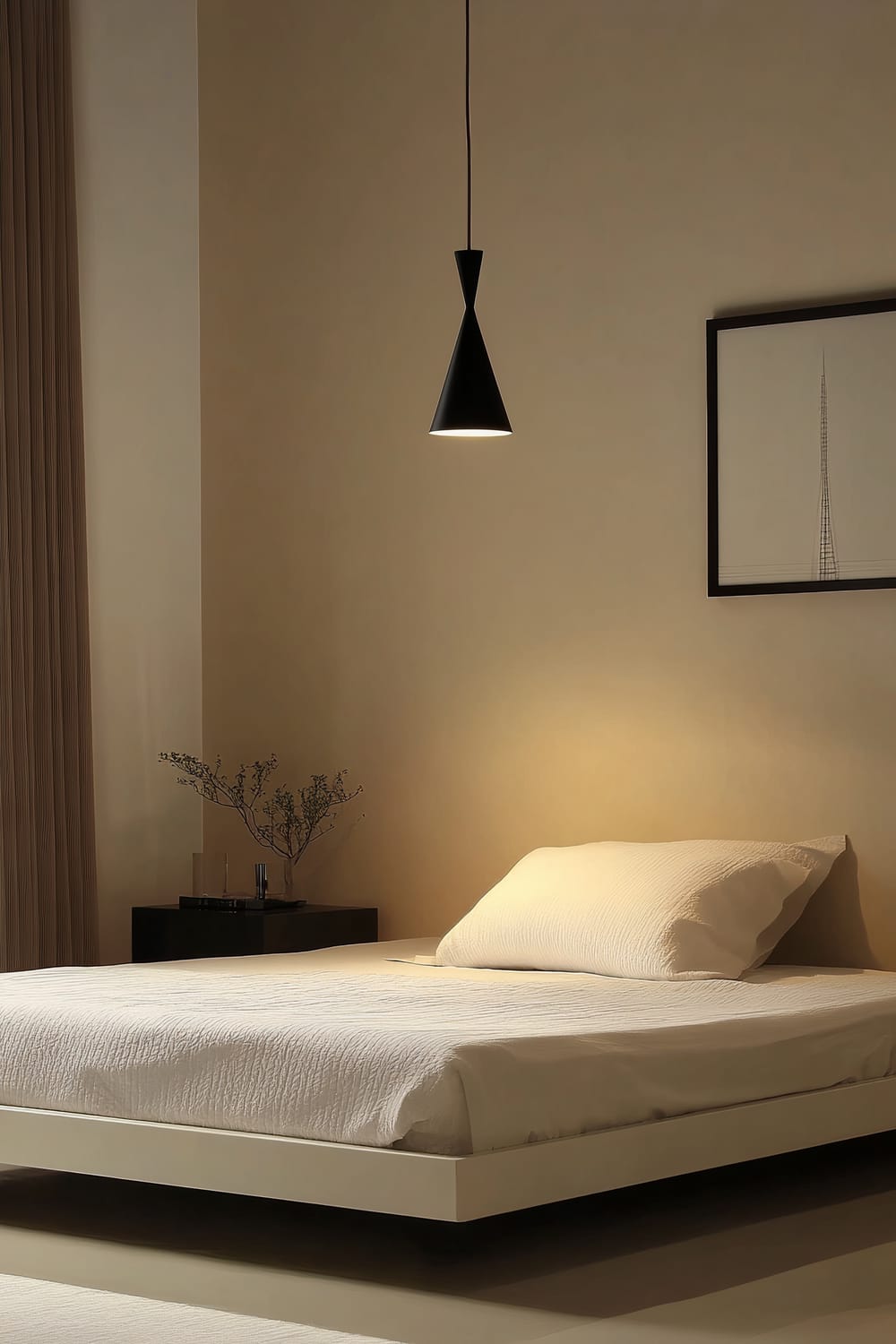 A minimalist bedroom featuring a low-profile white platform bed with clean white bedding. A single black pendant light hangs above the bed. A simple black nightstand with a small lamp and a sprig of greenery is positioned beside the bed. The walls are soft beige, creating a serene and uncluttered atmosphere. A framed minimalist artwork hangs on the wall next to the light.