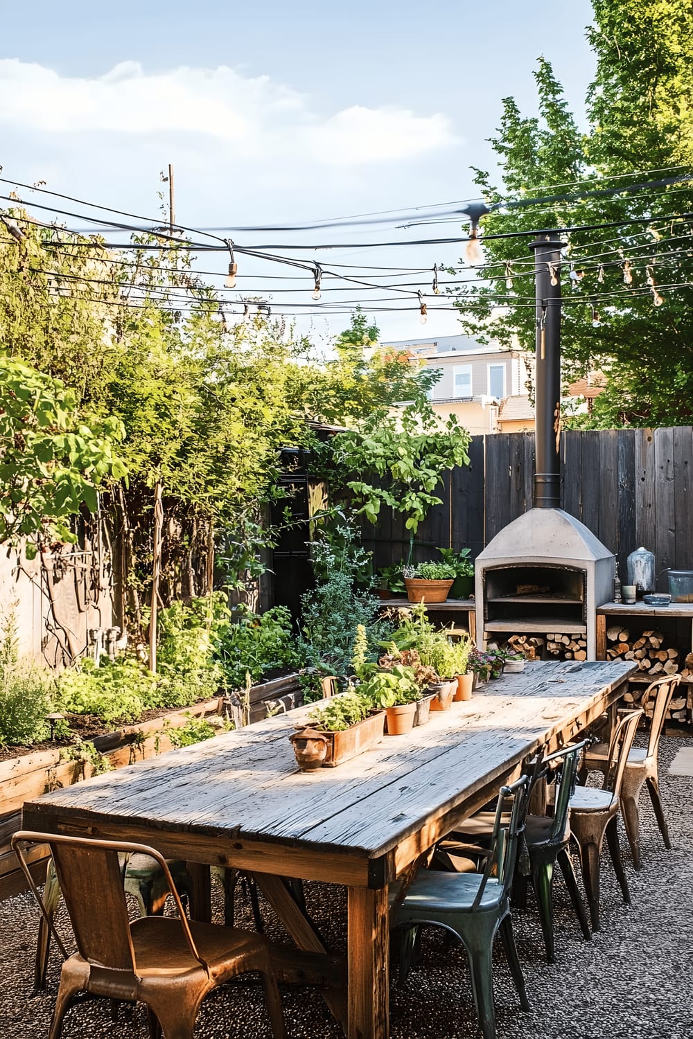 An inviting image of a sustainable back patio in Portland features a reclaimed wooden dining table surrounded by mismatched vintage chairs. Along the borders, tidy edible garden beds filled with kale, chard, and strawberries add both color and function to the space. From the house's gutter, rain chains hang down, embodying a sense of eco-awareness while giving the scene a touch of aesthetic intrigue. In one corner, a wood-burning pizza oven marks a focal point, infusing the space with an atmosphere of outdoor culinary adventure.