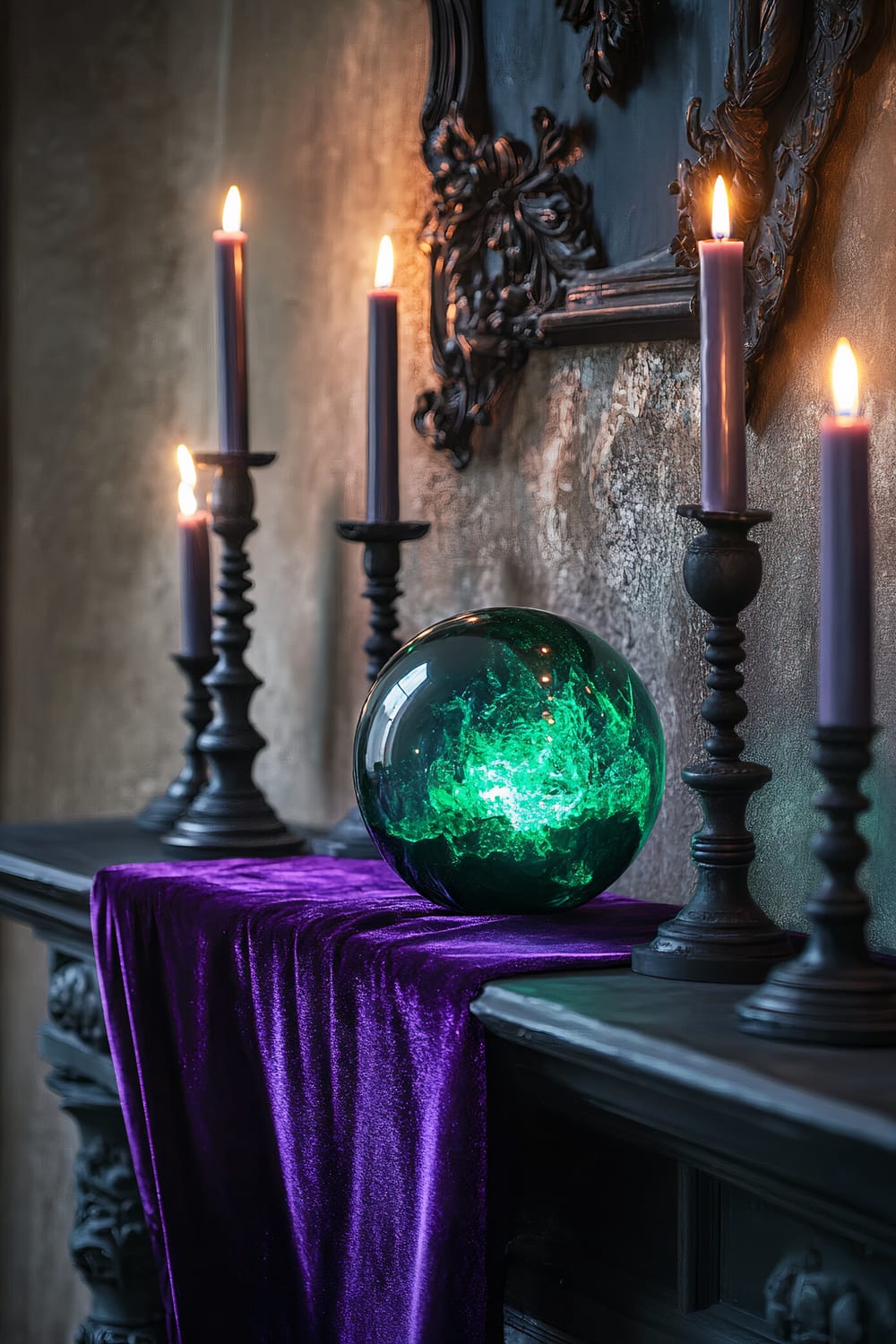 An elegant mantle adorned with a deep purple velvet runner, with a glowing oversized crystal orb emitting a green light at its center. Black matte candle holders with lit taper candles flanking the orb create an aura of mystique. The setting is elaborate, with intricate decorative carvings in the background.