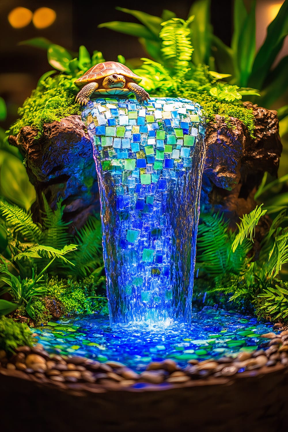 A vibrant indoor waterfall featuring a turtle statue atop a rocky structure. The waterfall consists of small, multicolored mosaic tiles, primarily in hues of blue and green, creating a dazzling visual effect as water cascades down. Surrounding the waterfall are lush green plants and ferns, enhancing the naturalistic ambiance. The water pool at the base of the waterfall is embellished with smooth pebbles, adding to the tranquil garden aesthetic.