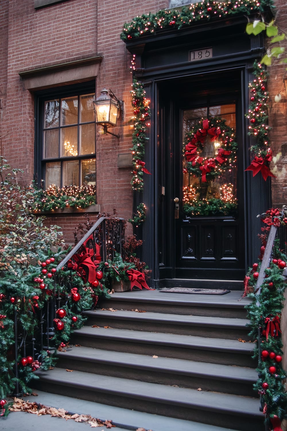 Exterior of a tall, brick townhouse beautifully decorated for Christmas. The entrance features a dark, polished door adorned with a large, lush green wreath accented with bright red bows and ornaments. Garlands wrapped in shimmering lights and red bows adorn the doorway, window ledge, and wrought-iron stair railings leading up to the door. Beside the door is a traditional brass lantern casting a warm glow, adding to the festive ambiance.