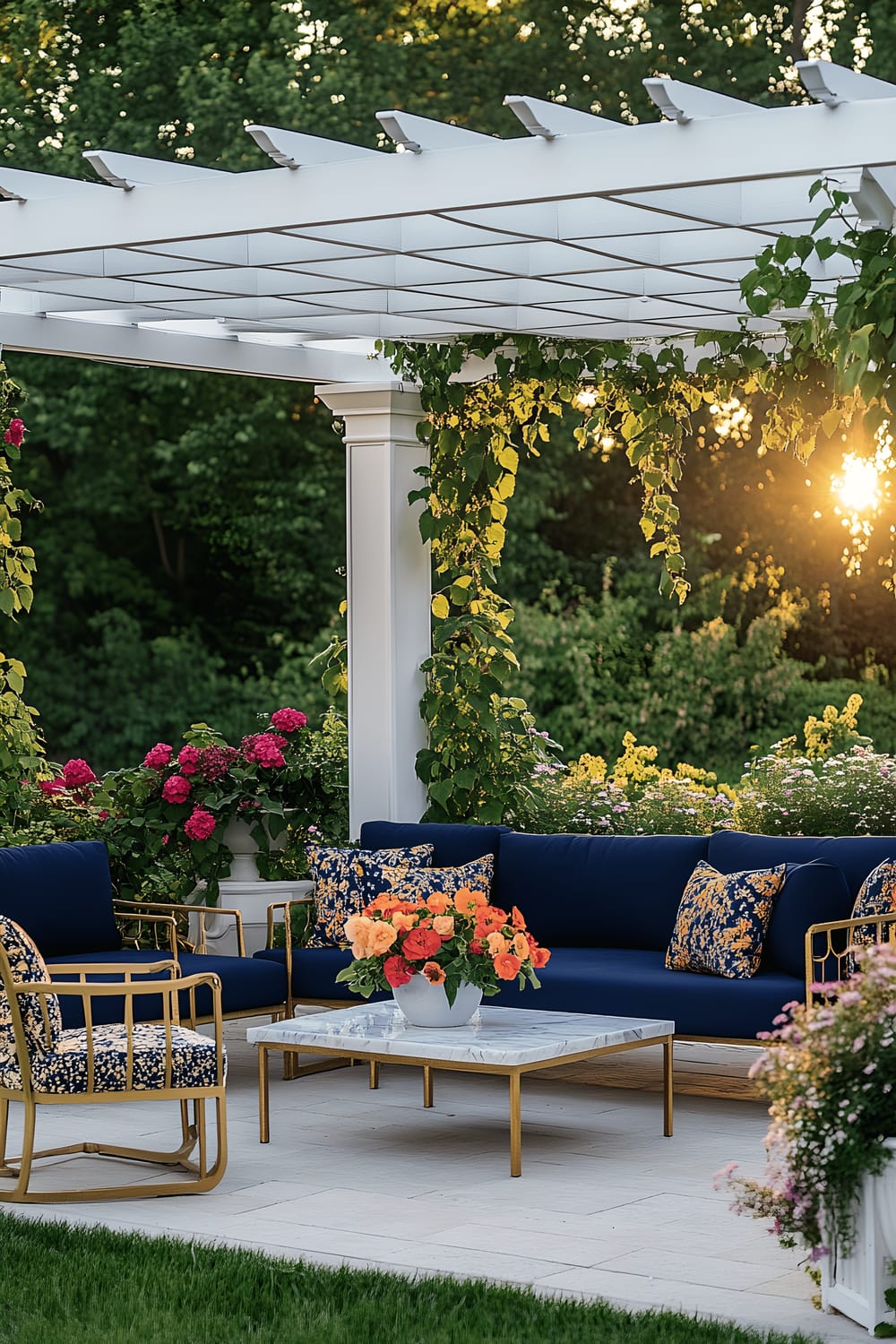 A sophisticated garden seating arrangement under a white wooden pergola covered in beautiful climbing jasmine. The seating consists of a modular outdoor sofa in deep navy blue, gold-toned accent chairs with patterned cushions, and a stylish marble-top coffee table. The color palette is enhanced by vibrant potted flowers in an array of bold colors. The scene is bathed in soft, natural lighting indicative of the golden hour.