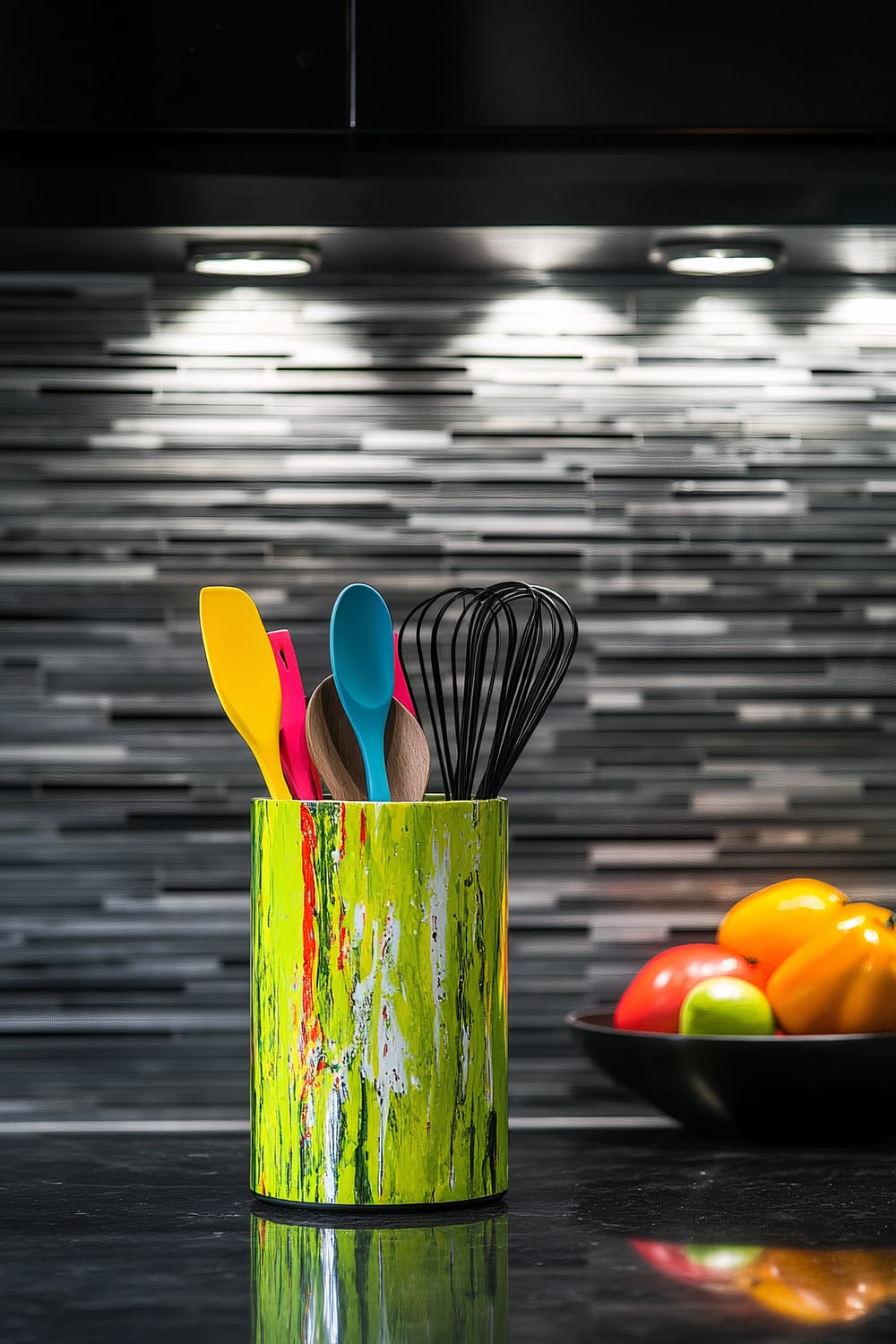 A tall utensil holder painted in bold lime green with abstract brush strokes, standing against a matte black kitchen backsplash. The countertop is uncluttered, holding a variety of colorful kitchen utensils. A bowl of colorful vegetables is in the background.