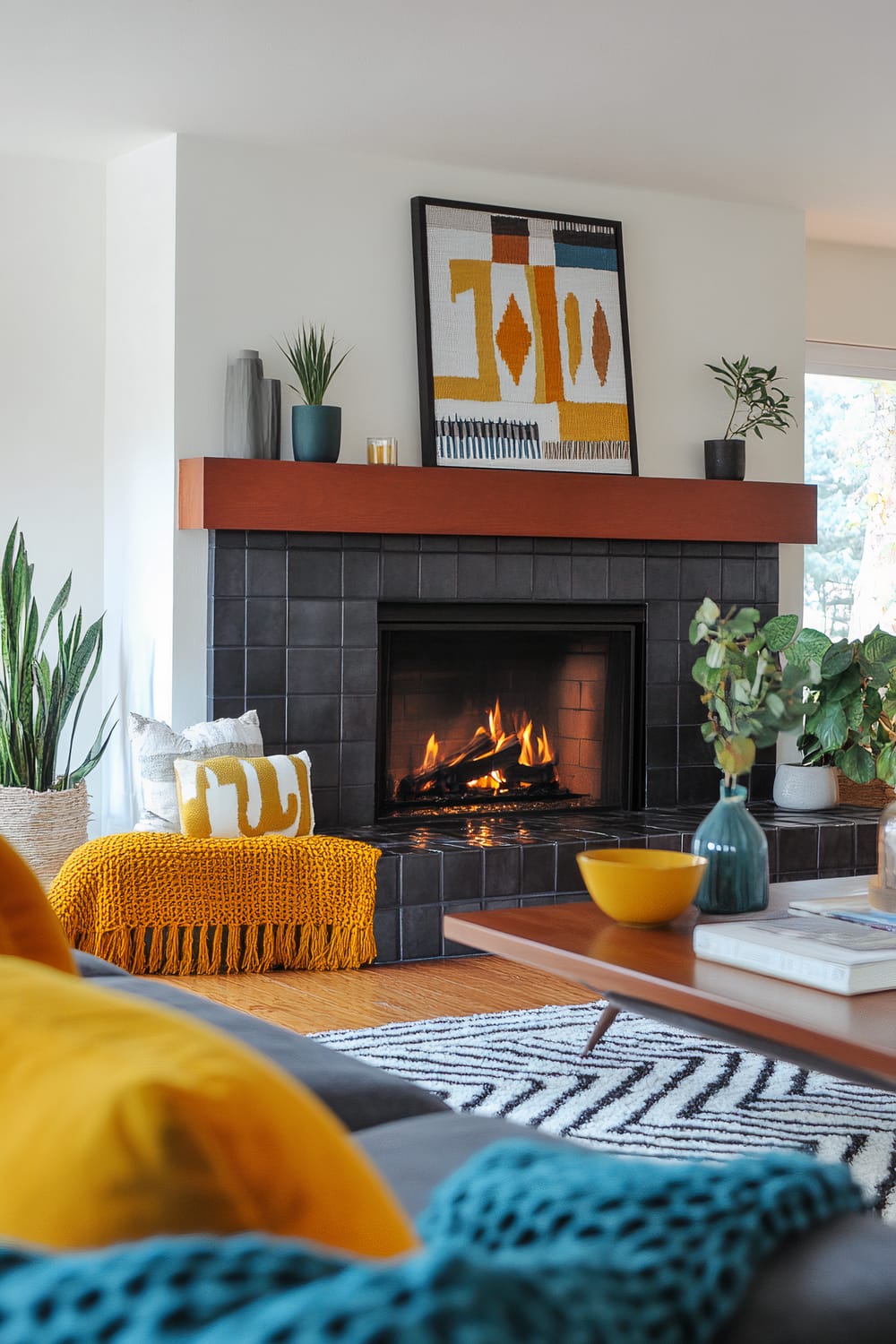 A stylish living room features a modern fireplace with dark tiles and a wooden mantel. On the mantel sits a piece of abstract art along with green potted plants and a candle. In front of the fireplace, there is a mustard yellow throw blanket and matching pillow on a chair. A wooden coffee table is adorned with a ceramic vase filled with greenery and a yellow bowl. The room also contains a contemporary black and white rug and various bold-colored cushions in shades of yellow and turquoise.