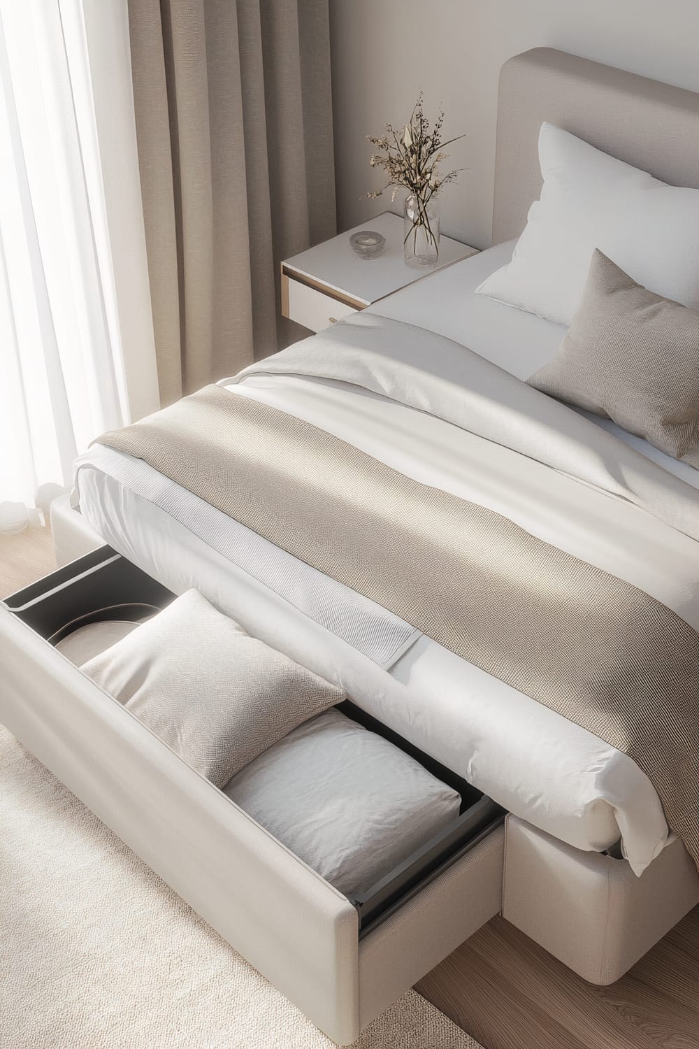 A contemporary bedroom with a neutral color scheme featuring a upholstered bed with a hidden storage bench at its foot. The storage bench is open, revealing neat storage of pillows and blankets. A nightstand next to the bed holds a vase with simple floral arrangement and decorative items. The room is bathed in natural light from large windows with sheer curtains, enhancing the textures of the bedding and furnishings.