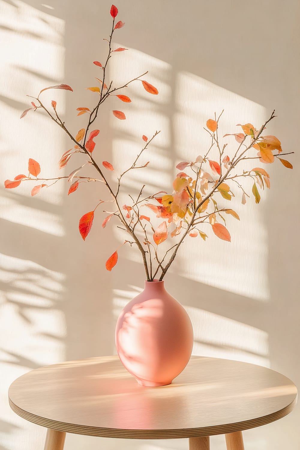 A minimalist coffee table with a bright pink vase holding branches of fall foliage. The branches have leaves in shades of orange, yellow, and red. The pink vase creates a bold contrast against the autumn colors of the leaves. Natural light casts shadows on the wall behind, adding depth and texture to the scene.