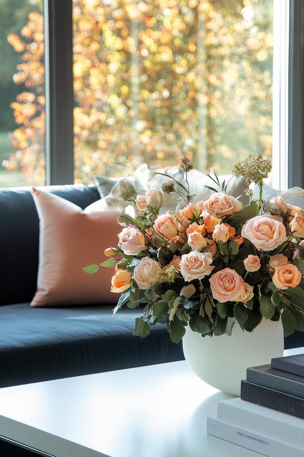 A Thanksgiving living area featuring a slate blue sofa with peach-colored throw pillows. A sleek white coffee table holds a minimalist centerpiece of peach and slate blue flowers in a white vase, with a stack of books next to it. Large windows behind the sofa let in natural light, and autumn foliage can be seen outside.