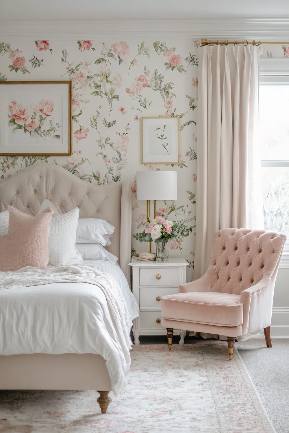 This image shows a sophisticated and elegant bedroom with a soft color palette. The bed features a cushioned headboard upholstered in a pale pink fabric, adorned with pillows in shades of pink and white. Next to the bed, a white nightstand with gold accents holds a lamp with a white shade, a floral arrangement, and a small decorative item. A plush, tufted armchair in a muted pink hue sits nearby. The wall behind the bed is covered in floral wallpaper with pink and green tones, and two framed floral artworks hang on it. The room has a large window with light beige curtains, and the floor is covered with a light-colored rug featuring a subtle floral pattern.