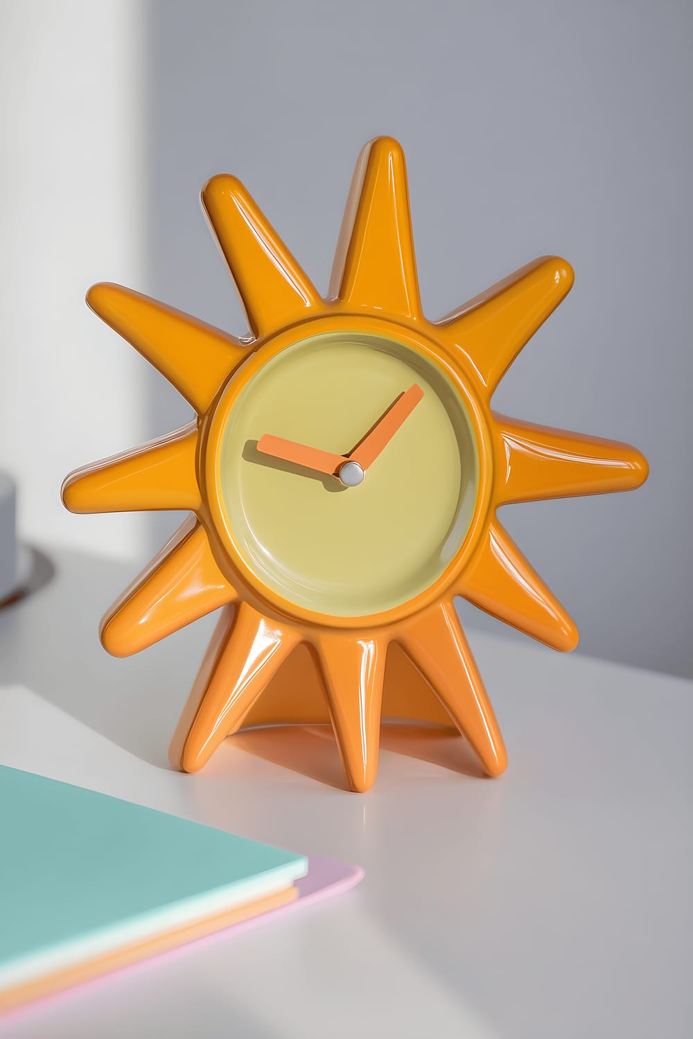 A bold yellow desk clock designed in the shape of a cheerful sun with orange rays, sitting atop a sleek white desk beside a pastel-colored notebook. The clock is under bright lighting, casting playful shadows on the desk and emphasizing its vibrant color.