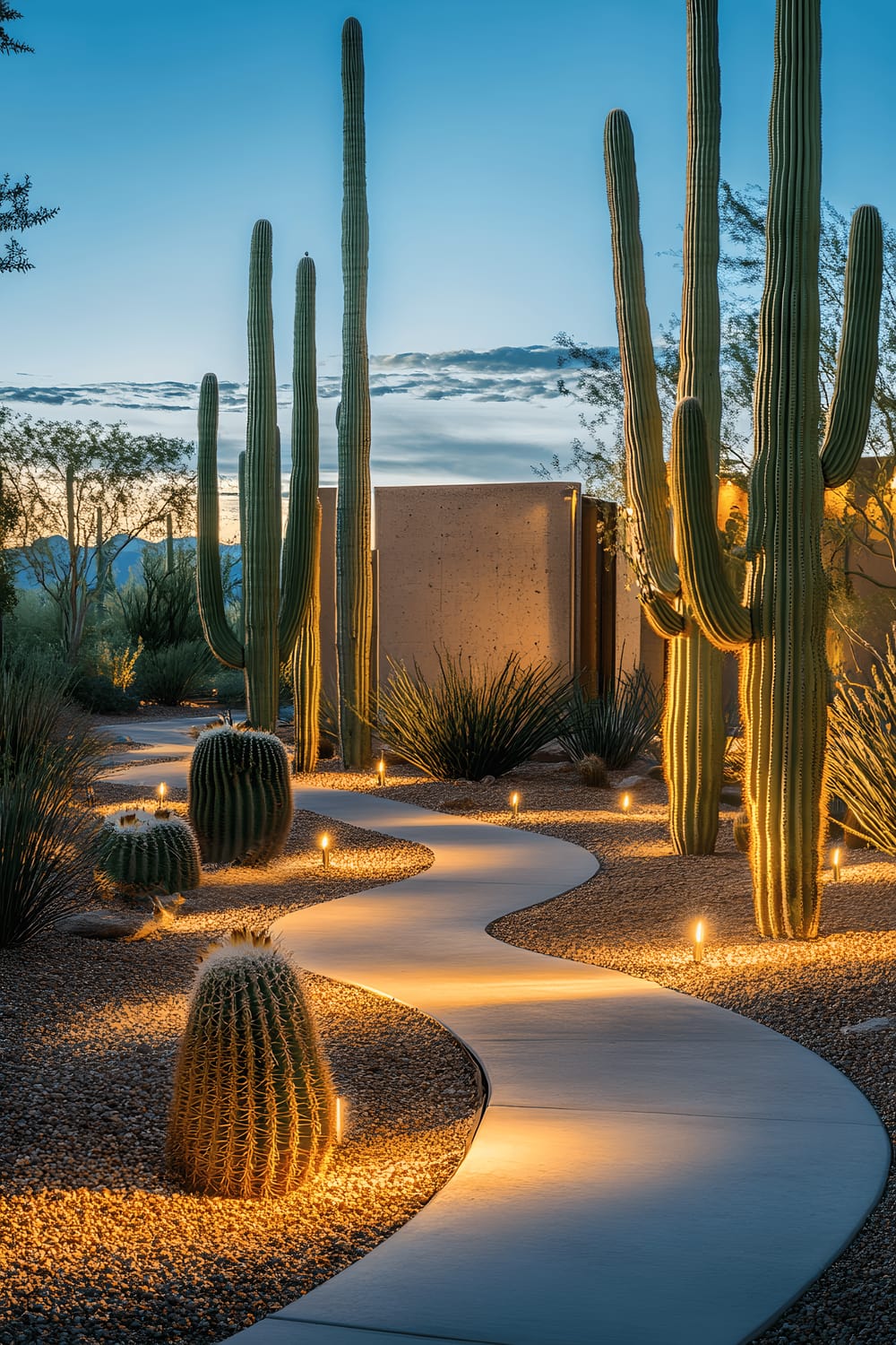 A xeriscaped front yard during dusk featuring towering saguaro cacti, a winding concrete path cutting through a warm-toned gravel bed, and soft desert lighting causing the landscape and cacti to cast long shadows.