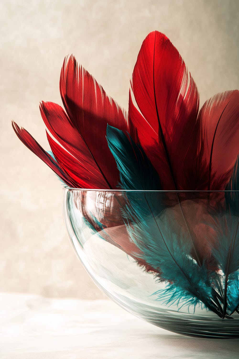 A minimalist glass bowl filled with bright scarlet feathers and teal decorative accents. The bowl is set against a neutral beige background and is softly lit from above, highlighting the bold and contrasting colors of the feathers.