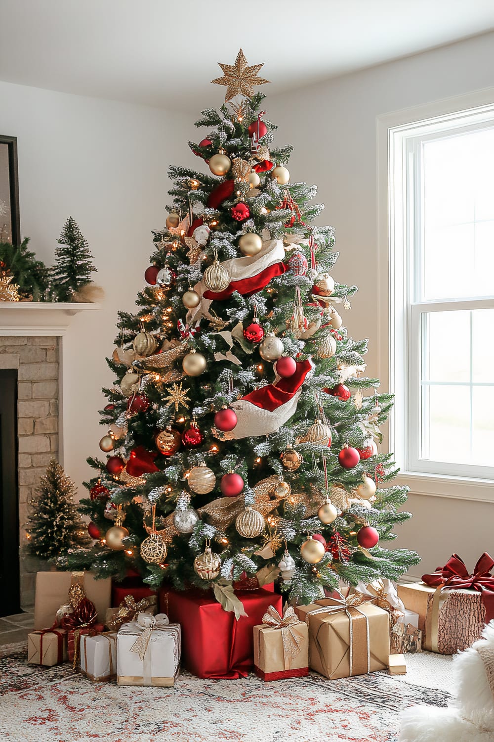 A beautifully decorated Christmas tree stands in a bright room next to a large window. The tree is adorned with a mix of gold, red, and silver ornaments, along with ribbons and a star topper. Underneath the tree, there are wrapped gifts in festive paper with bows. To the right, there is a stone fireplace with additional holiday greenery and decorations. The room exudes a warm, festive atmosphere.