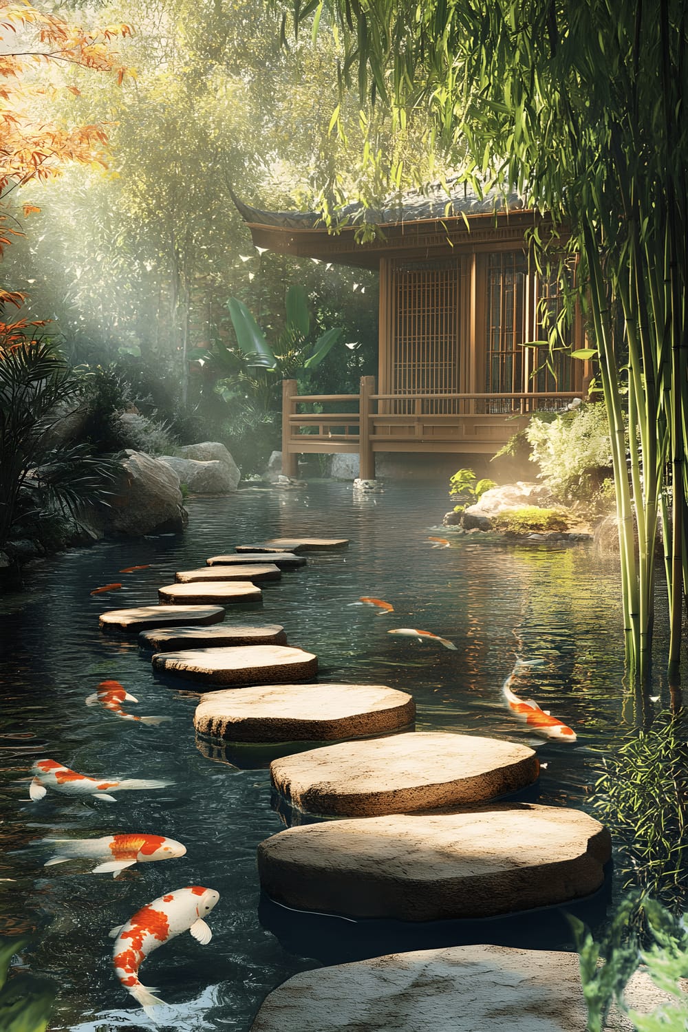 A serene backyard featuring a clear and vibrant koi pond. The pond is connected by whimsical stepping stones and a small wooden bridge, encouraging exploration. Tall bamboo stalks gently sway on the edge of the scene, providing a sense of tranquility and natural beauty.