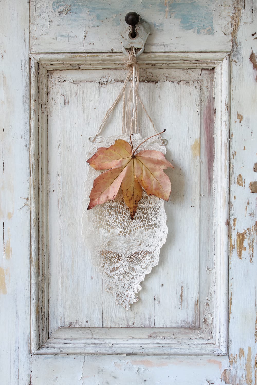 An old, distressed, white wooden door with peeling paint, featuring a hanging decoration made of a dried autumn leaf attached to a delicate, lace doily. The decoration is held up by a thin rope tied to an antique, weathered metal hook with a black, rounded knob.