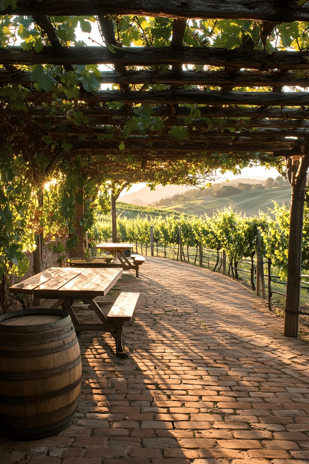 A romantic Tuscan vineyard scene captured amidst soft golden sunlight. A shaded pergola draped with climbing grapevines stands in the foreground. Beneath it, rustic stone benches occupy either side of a wooden wine barrel converted into a table. The pergola is stationed on aged brick flooring in an inviting arrangement. The background radiates serenity with rolling hills stretching indefinitely into the distance.