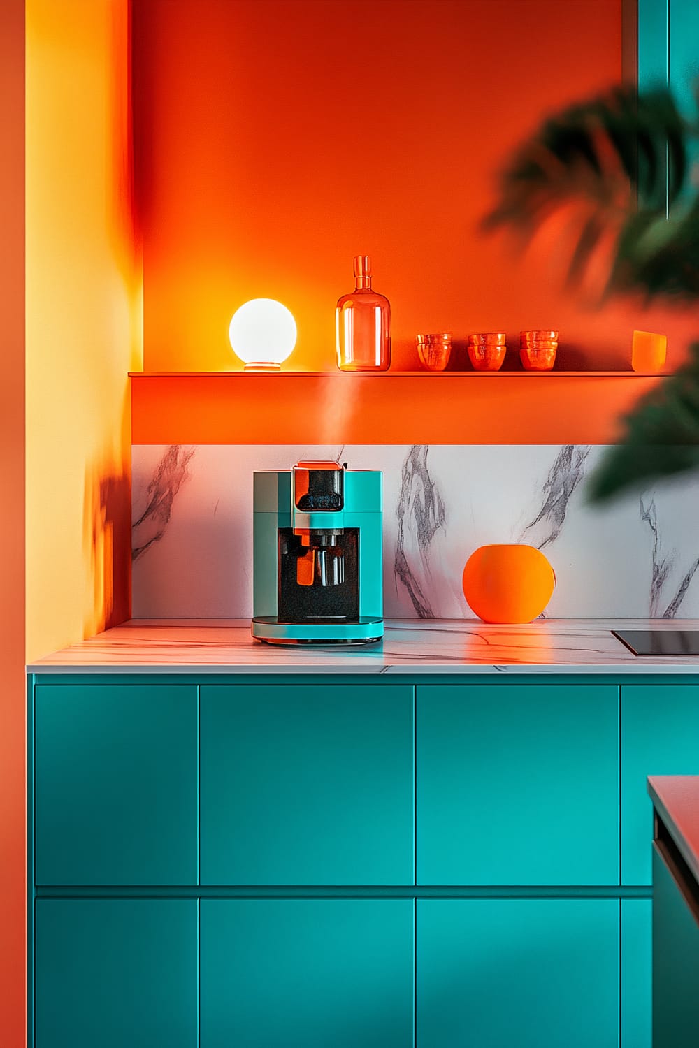 A teal and orange themed kitchen featuring a teal coffee maker on a countertop with a marble back-splash. The shelf above is decorated with a glowing orb light, glass bottles, and cups against an orange wall.