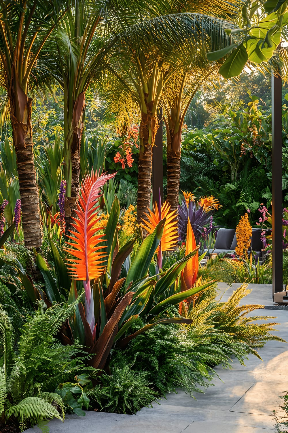 A lush, dynamic, tropical garden scene during golden hour. The garden is layered with vibrant low-growing bromeliads and ferns at the base, mid-height bird of paradise and heliconias blossoms in bold colors, and towering kentia palms and royal palms in the background. The garden paths are adorned with modern stone pathways and contemporary outdoor seating.