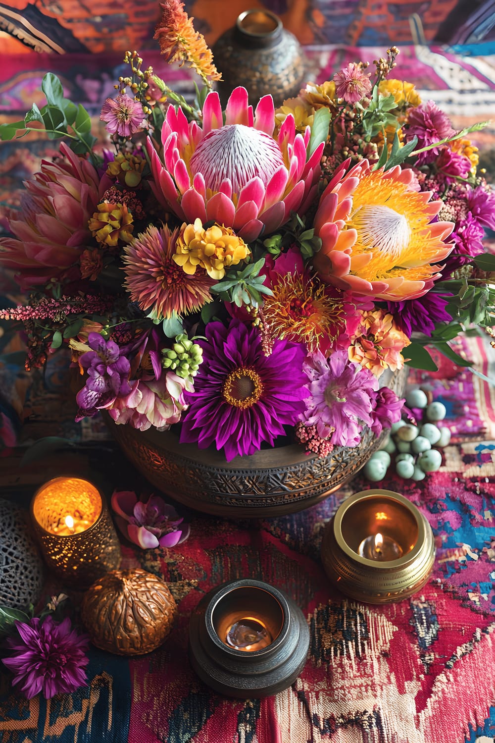 A vibrant centerpiece located on a textured table runner with assorted colorful items. The centerpiece is composed of bright, fresh flowers like proteas and dahlias displayed in a large decorative bowl. Surrounding the central floral arrangement are patterned Moroccan poufs, small brass lanterns, and sprawling glass beads in various shades. Stark colors and varying designs create an energetic atmosphere in the scene, invoking a global bazaar-market inspiration.