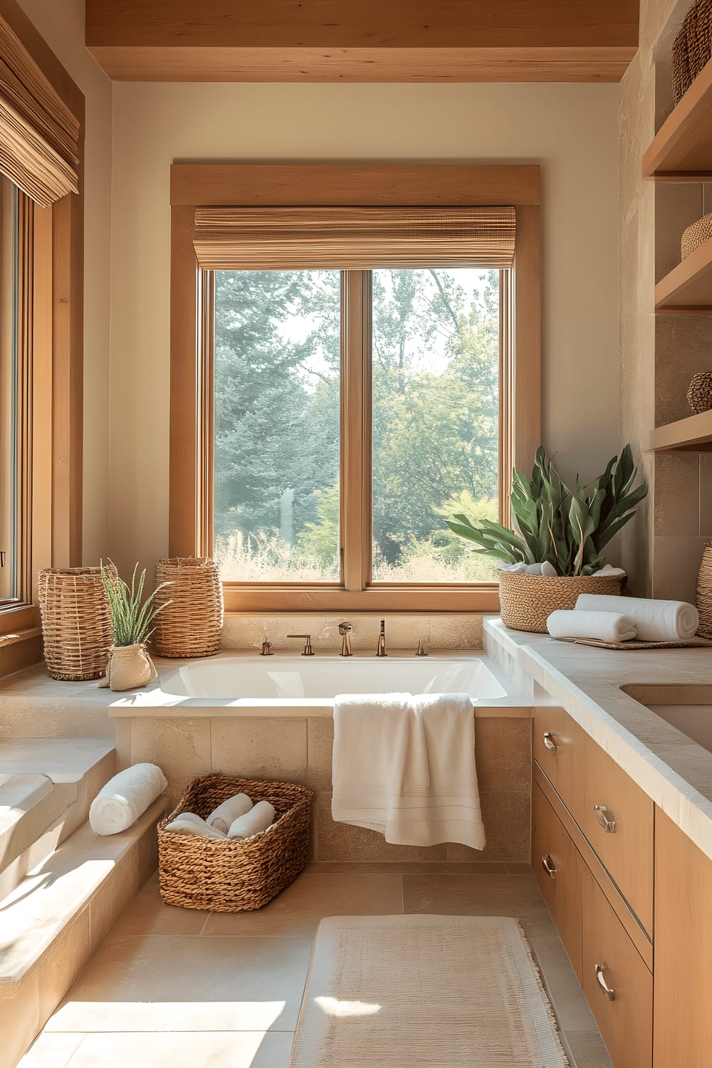 An inviting, earth-toned bathroom comes to life under a flood of natural light from large wooden-framed windows. The room presents a dance of textures and colors – rich terracotta, soothing beige, olive green- etched into natural stone countertops, wooden shelves, and a generous soaking tub. Organic decor elements like woven baskets and ceramic pots softly add a touch of personality.