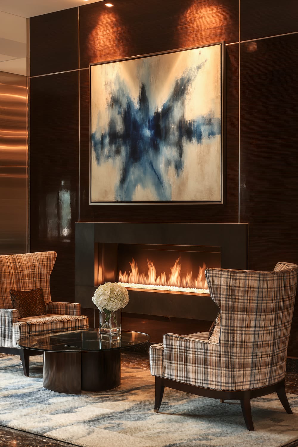 A modern living room featuring a fireplace and two vintage plaid chairs. The fireplace, with a sleek and minimalistic design, is set into a dark wood-paneled wall. Above the fireplace hangs a large modern painting with abstract blue swashes. A glass coffee table with a dark base stands between the two chairs, and a vase with white flowers is placed on it. The floor is adorned with a light-colored patterned rug, and soft lighting highlights details in the room.