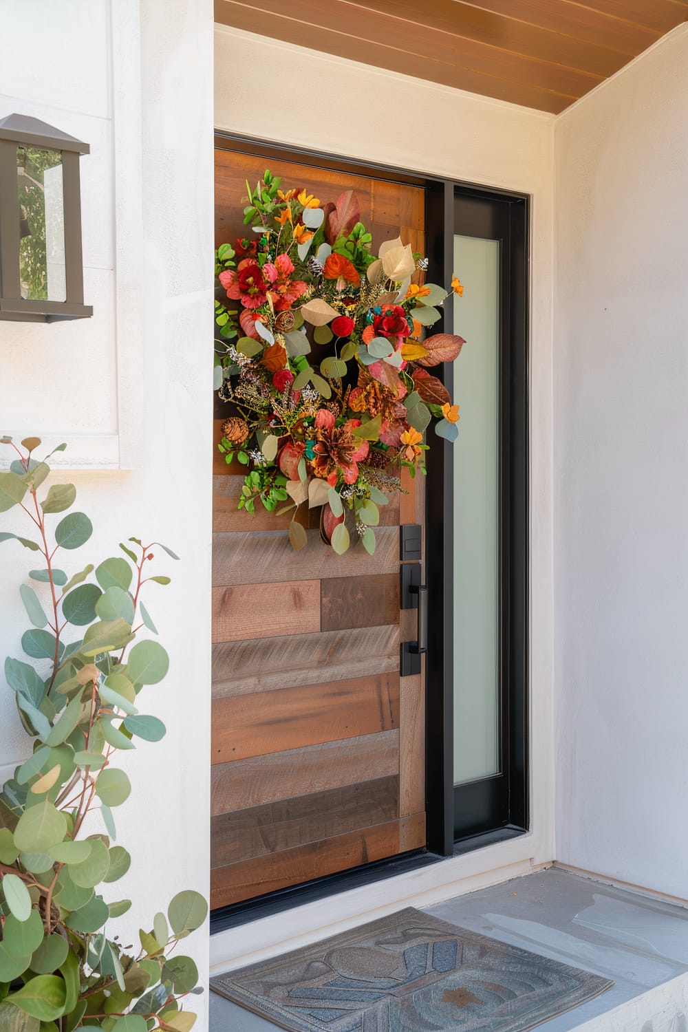 Entrance of a house featuring a rustic wooden door adorned with a fall foliage wreath. The door has horizontal wooden planks and a modern black handle. To the left, there is a black wall-mounted lantern, and below it, a potted eucalyptus plant. The floor features a patterned doormat, and the white walls and the wooden ceiling create a crisp, clean look.