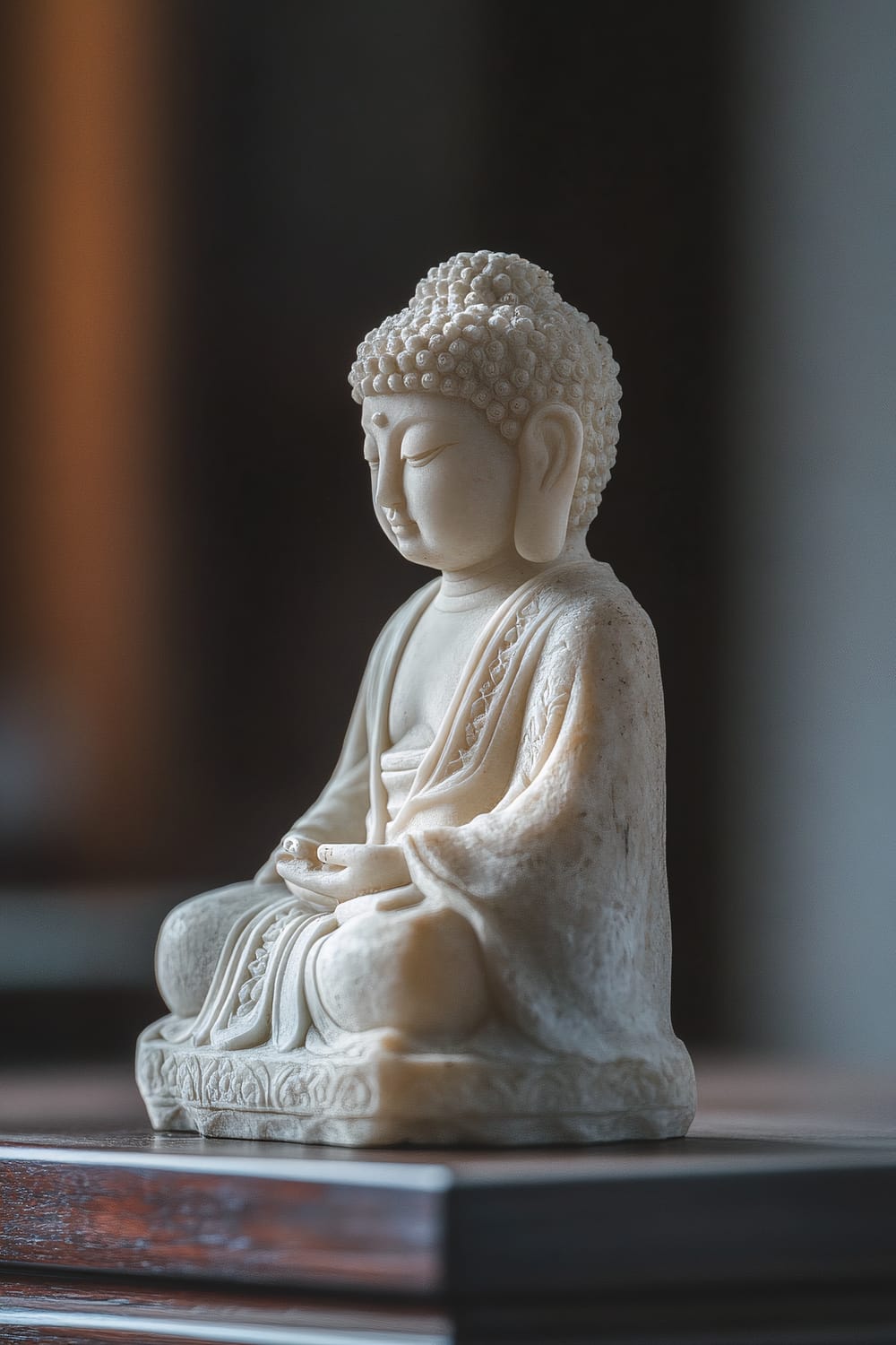 A close-up image of a handcrafted antique East-Asian Buddha figurine made from intricately carved stone, seen in profile. The figurine features traditional Buddhist robes and a calm, serene expression. It is positioned on a simple dark wood shelf against a dark, blurred background. Soft ambient lighting highlights the figurine's tranquil beauty and detailed craftsmanship.