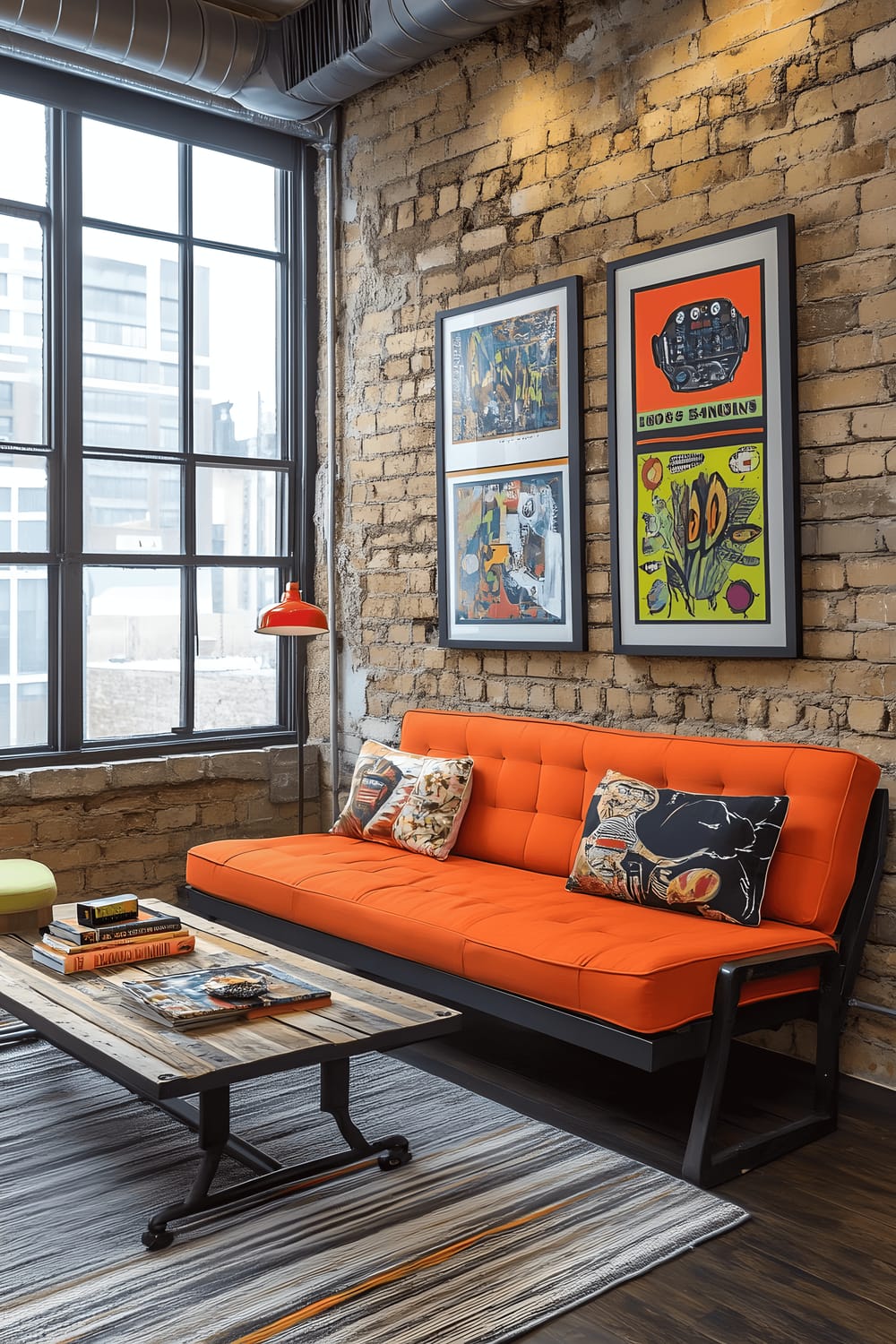 A small living room with vibrant, industrial elements. Feature includes a zesty orange sofa on a black metal frame, sitting next to a wood and metal coffee table. The room has exposed brick walls and is illuminated by light from large windows and an antique-style lamp. Vintage artwork in bright frames hung on the walls completes the lively atmosphere.