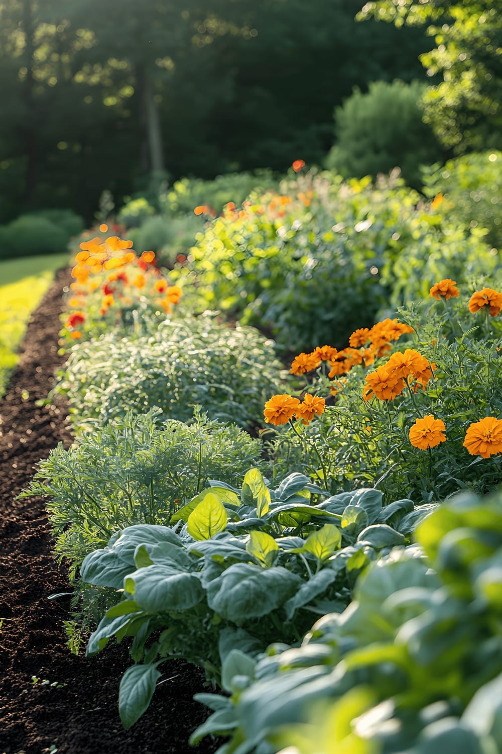 A vibrant backyard vegetable garden bathed in soft morning light featuring rows of tall, robust heirloom tomatoes flanked by bushy Genovese basil and spots of bright orange French marigolds.