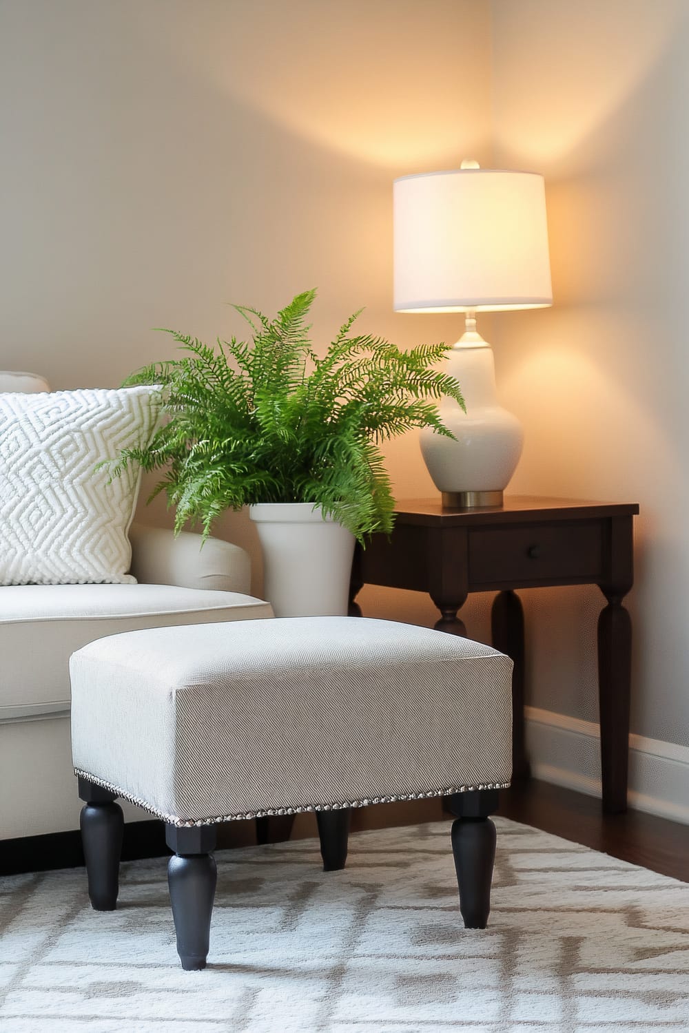 A small living room featuring a multifunctional ottoman with dark legs and light grey upholstery. The ottoman is in front of a light-colored sofa adorned with decorative cushions in muted tones. A geometric rug adds texture to the floor. A narrow console table with a potted fern and a table lamp is placed adjacent to the sofa. The ambient lighting from the lamp creates a soft and uncluttered atmosphere.