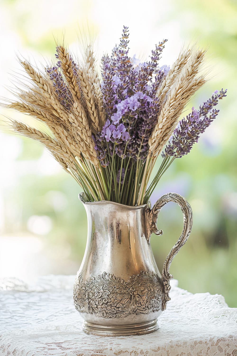 An ornate silver pitcher, decorated with intricate floral engravings, is filled with a bouquet of wheat stalks and purple lavender flowers. It is placed on a lace-covered table with a blurred green and light background visible through a window.