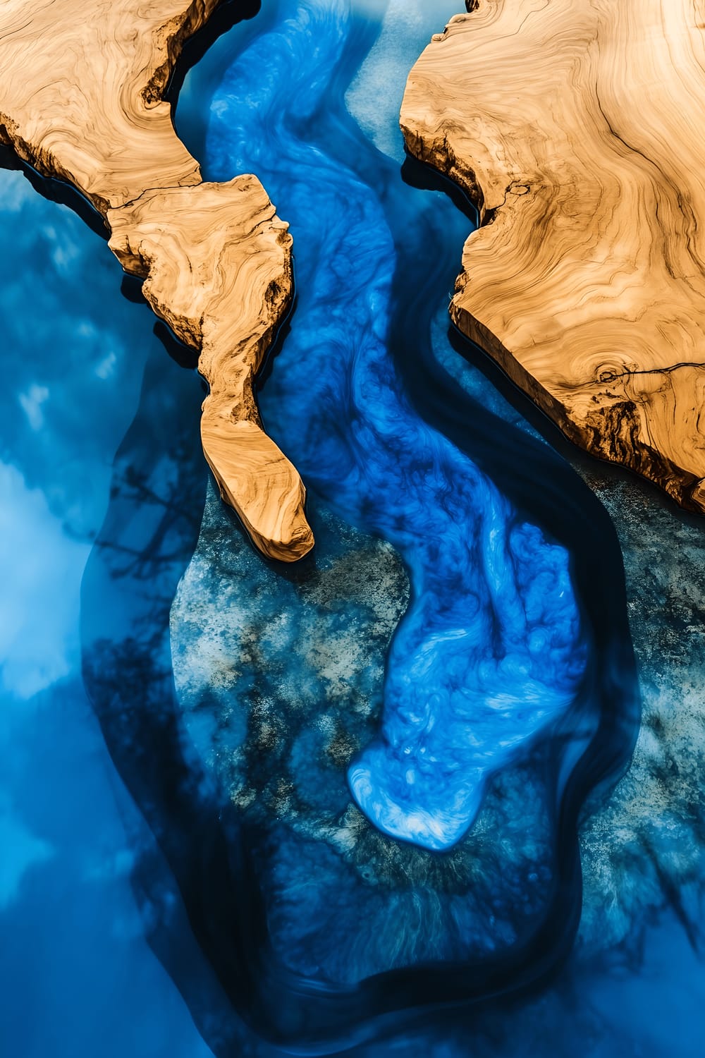 A handmade resin and wood river table featuring a glossy surface and rich blue resin embedded deeply into a live-edge oak slab, under the soft glow of ambient pendant lights.