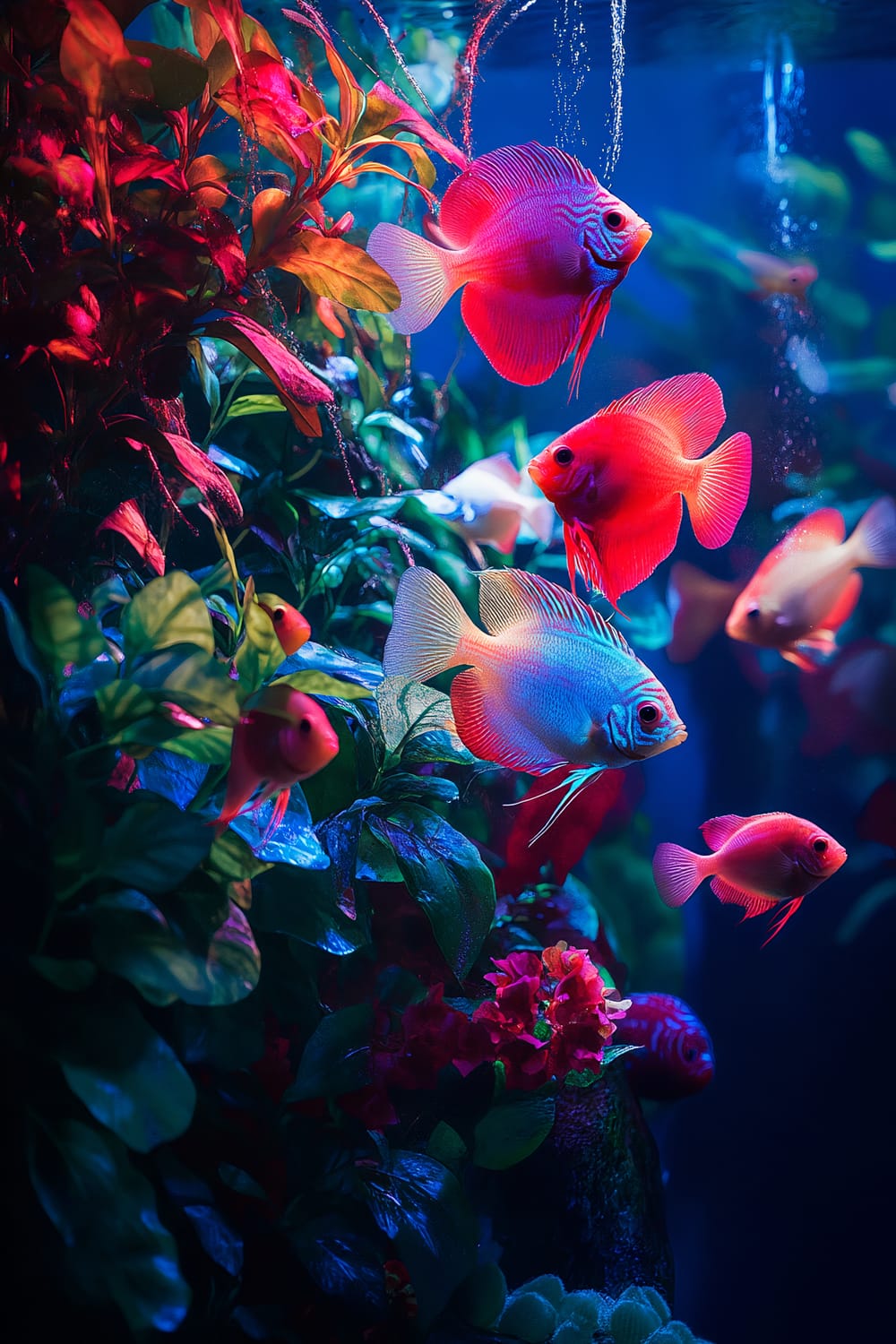 An artfully arranged fish tank showcasing a vibrant aquatic garden. Brightly colored fish, including discus and tetras, swim among lush green plants and striking red aquatic flowers. The tank is illuminated with dramatic blue light, creating glowing highlights and deep shadows. The vibrant colors and shapes of the fish and plants are highly emphasized within the vertical 2:3 aspect ratio.