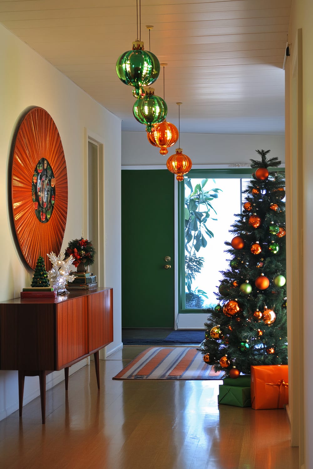 A 1960s mid-century modern hallway decorated for Christmas. The hallway features a stylish vintage Christmas tree with bold orange and green ornaments. Sleek furniture pieces, including a wooden console, are adorned with festive decorations. Vibrant pendant lighting in orange and green hues hangs from the ceiling, casting a warm, festive glow. A large, circular wall art piece in a sunburst pattern is mounted on the wall. The floor is wooden, and a striped rug in front of a green door adds to the retro aesthetic.