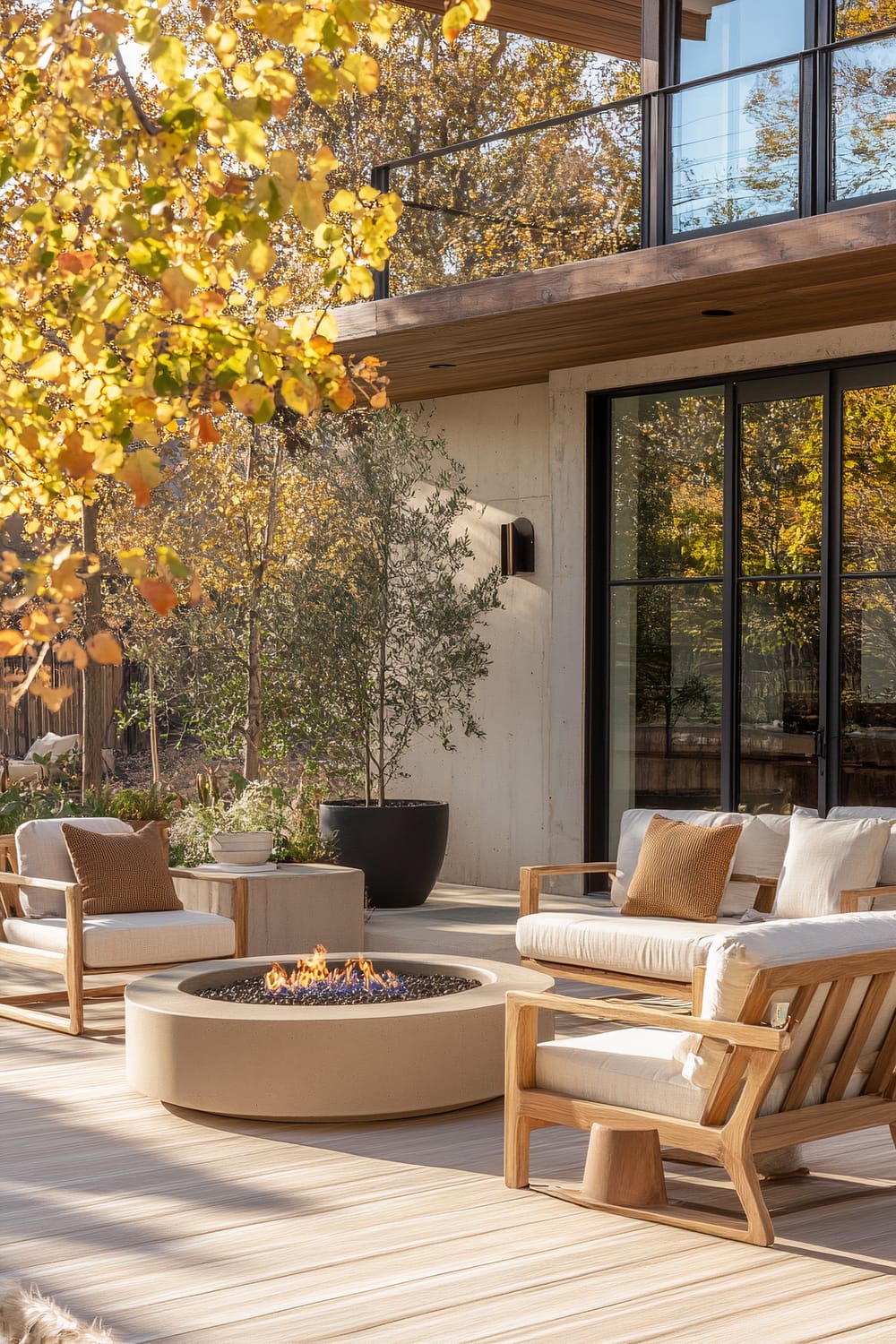 An outdoor patio space with wooden lounge chairs featuring white cushions and brown pillows arranged around a modern circular fire pit. The patio has a wooden floor, large black-framed glass doors, and is surrounded by tall trees with autumn foliage.