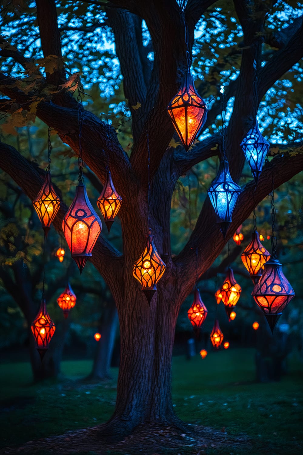 A nighttime scene featuring a large tree adorned with numerous hanging lanterns. The lanterns have a gothic design and are lit with vivid colors, primarily fiery red and icy blue. The glowing lanterns cast eerie, sharp lights on the branches of the tree, against a backdrop of a dark sky. The surrounding area is kept simple with sparse foliage, ensuring that the main focus remains on the lanterns and their luminous effect.