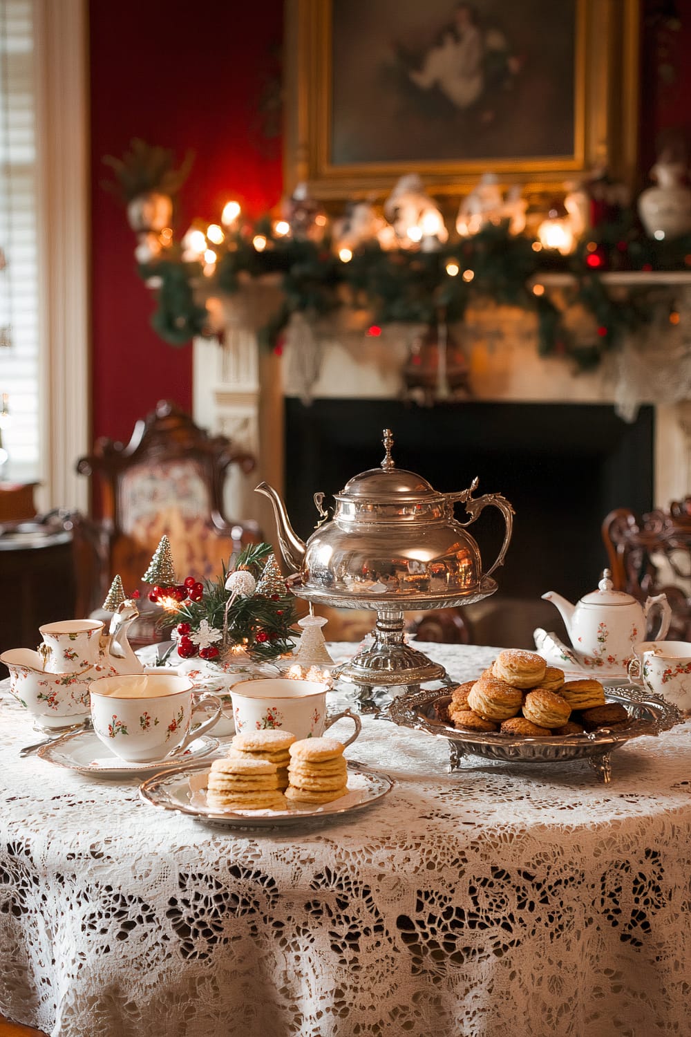 An elegantly set table adorned with a white lace tablecloth is at the forefront of a lavishly decorated room. The table displays a silver teapot, matching teacups with floral designs, plates of biscuits, and festive decorations including miniature Christmas trees and red berries. In the background, a fireplace mantel is festooned with garlands, candles, and ornaments, complemented by a large framed painting above the mantlepiece.