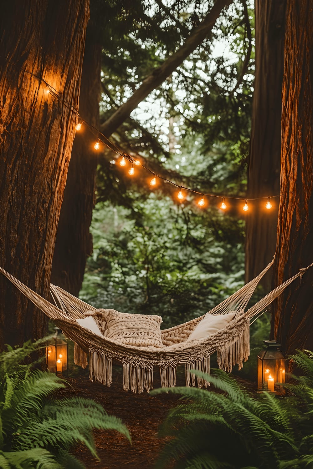 A macrame hammock suspended between two large oak trees with twinkling fairy lights strung above. The area is decorated with lush green ferns and soft glowing lanterns that are scattered around, creating a decently illuminated and serene environment.