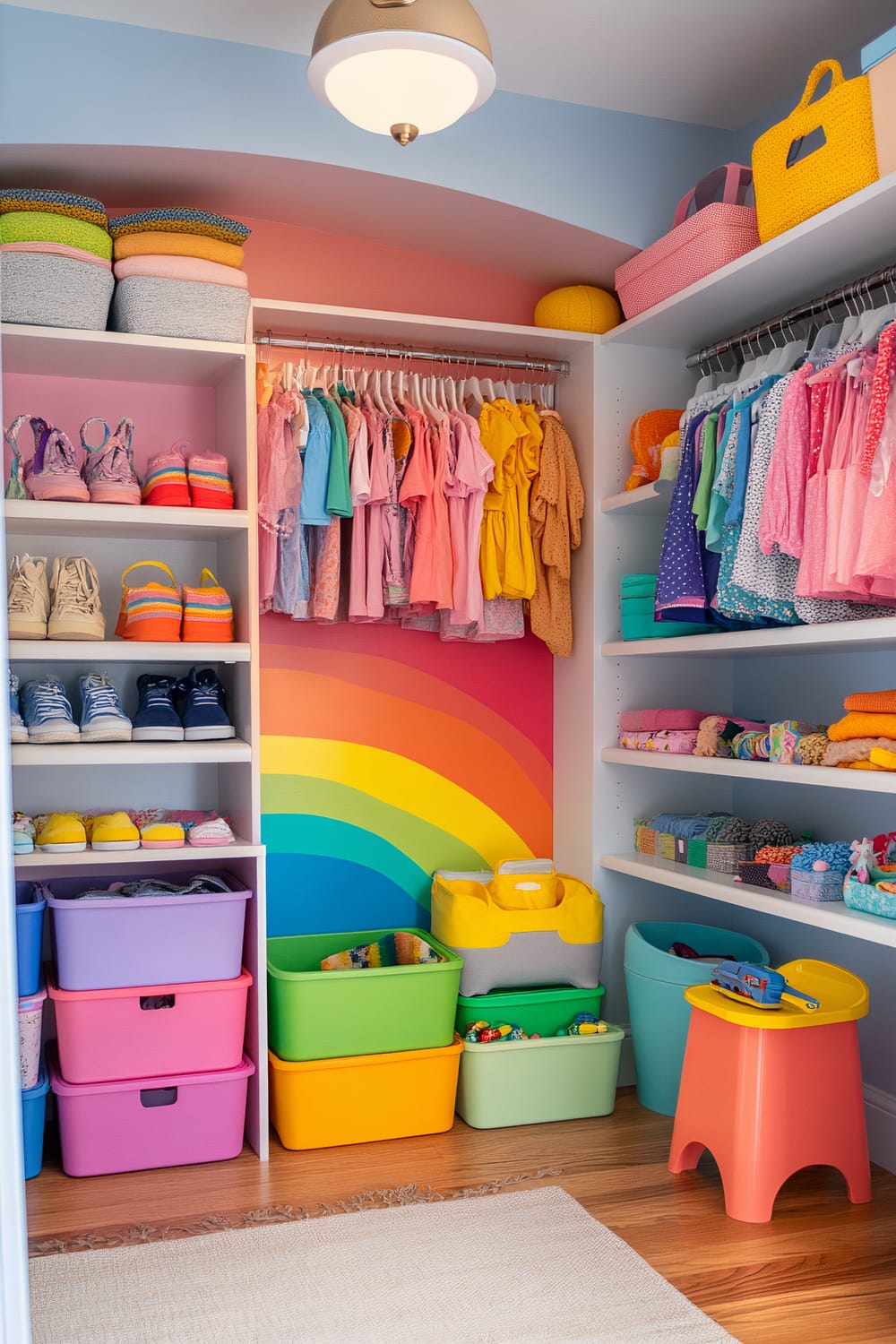 A colorful and organized child's closet with open shelves, rainbow storage bins, hanging rods with clothes, a rainbow mural on the back wall, and a small step stool.