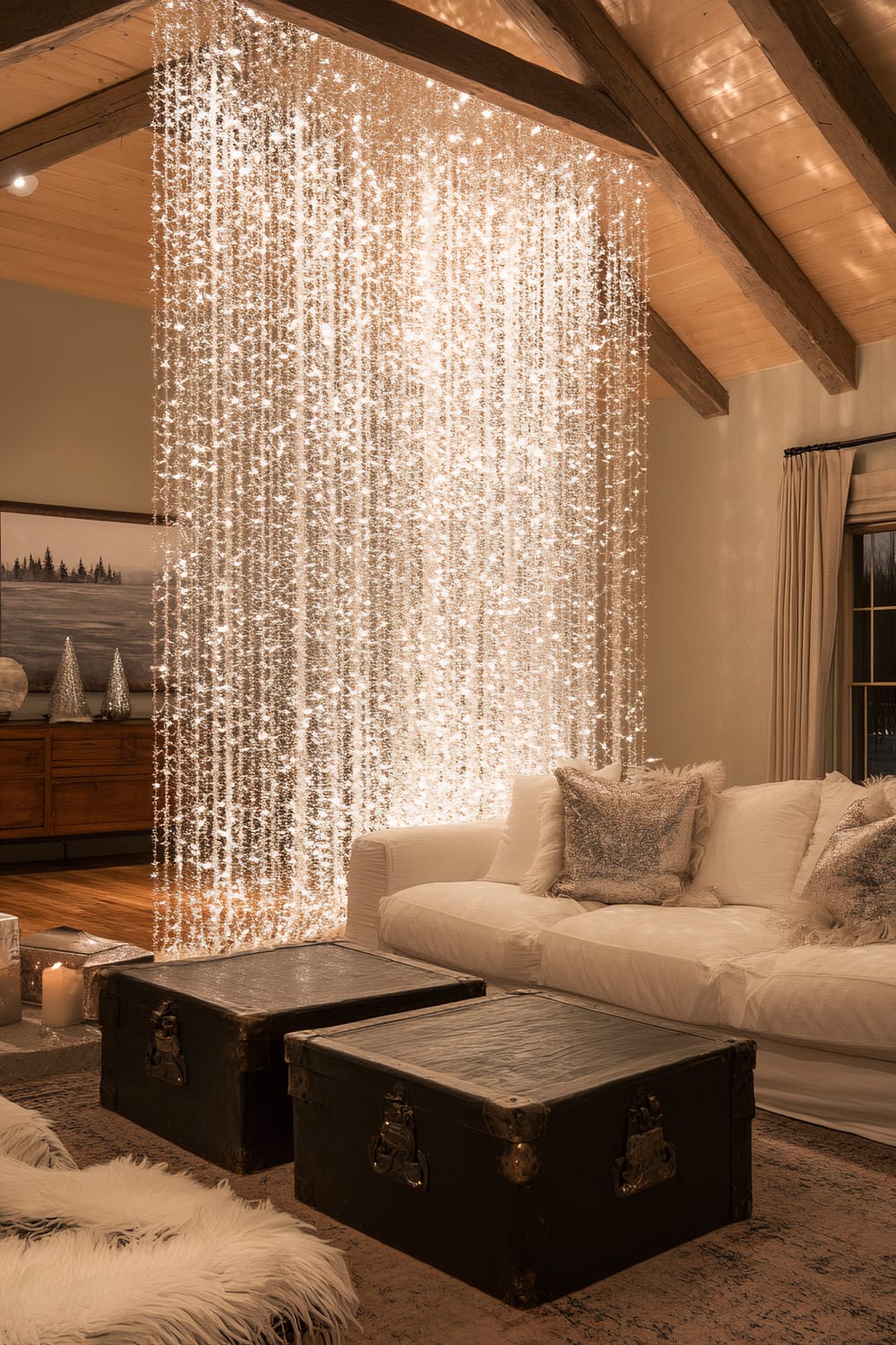 An upscale living room features a dazzling display of white crystal icicle garlands draped over a polished wooden beam, illuminated by soft spotlights. The room has a white sofa adorned with shimmering cushions, black vintage trunks used as a coffee table, and a sideboard with festive decorations, such as cone-shaped trees and a landscape painting.