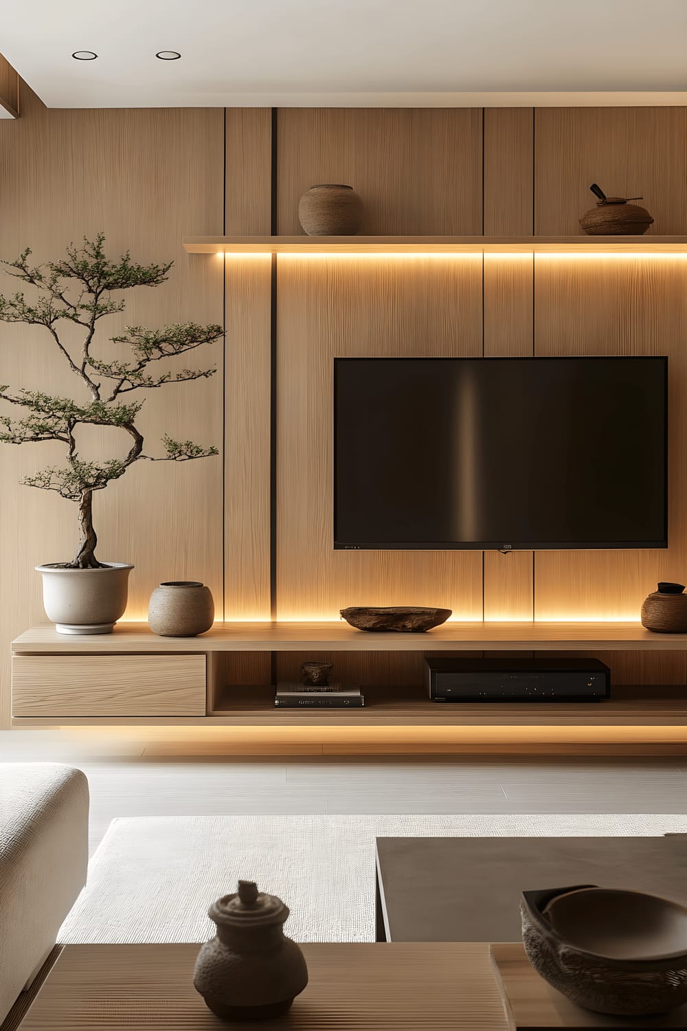 A tranquil living room wall with natural wood panels showcasing a flat-screen TV, low-profile shelving holding a few artisanal decor pieces, and bonsai plants. The overall decor combines Japanese and Scandinavian influences in neutral tones, embraced by soft, indirect lighting from hidden fixtures.